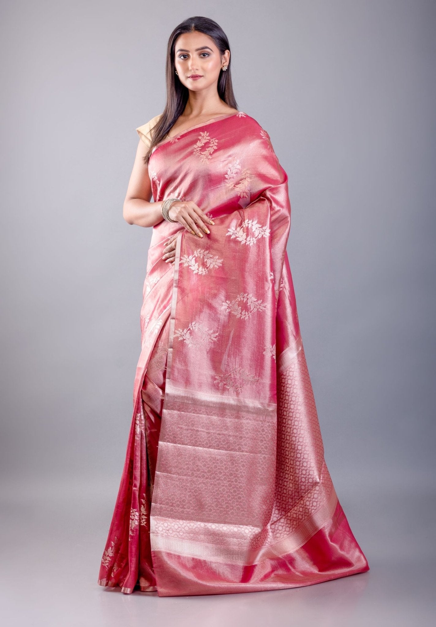 Pink Color Dola Silk Saree with Golden floral Weave - Anvi Couture