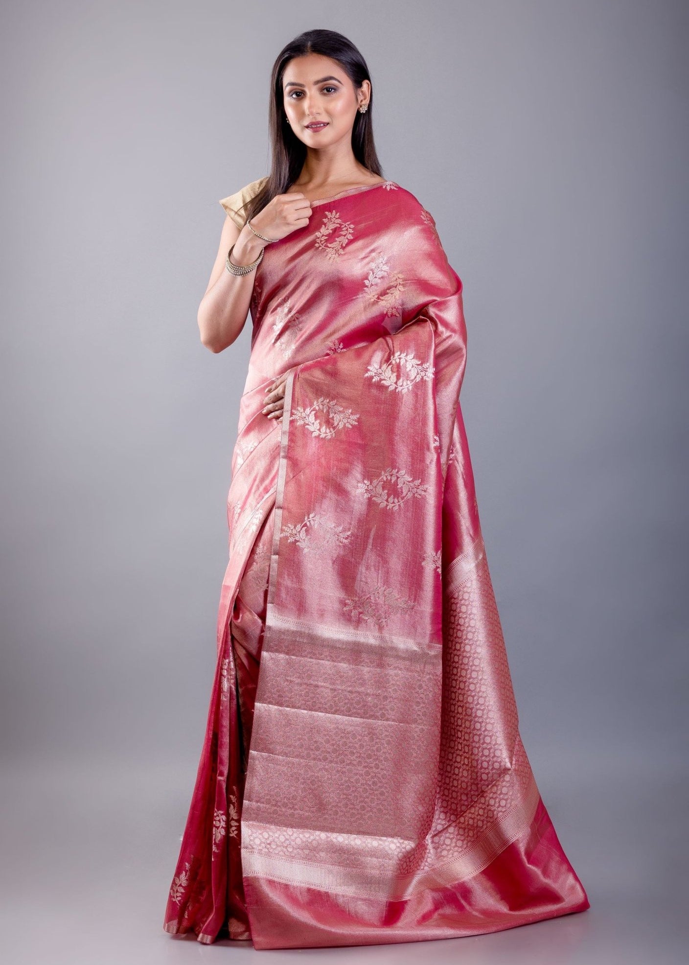 Pink Color Dola Silk Saree with Golden floral Weave - Anvi Couture