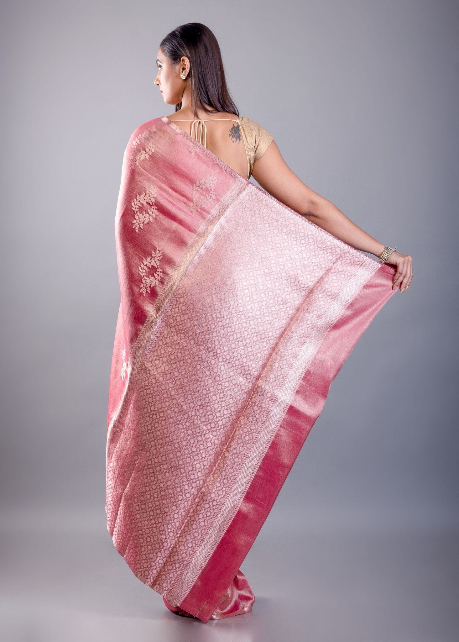 Pink Color Dola Silk Saree with Golden floral Weave - Anvi Couture
