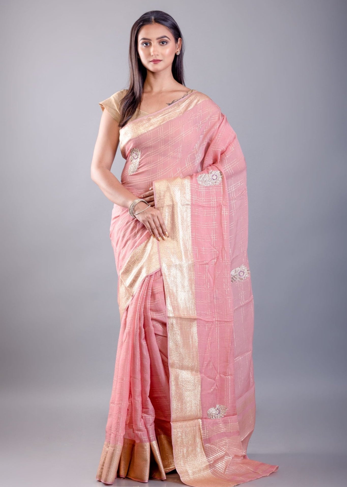 Pink Khaddi Georgette Saree with Floral Embroidered Work - Anvi Couture