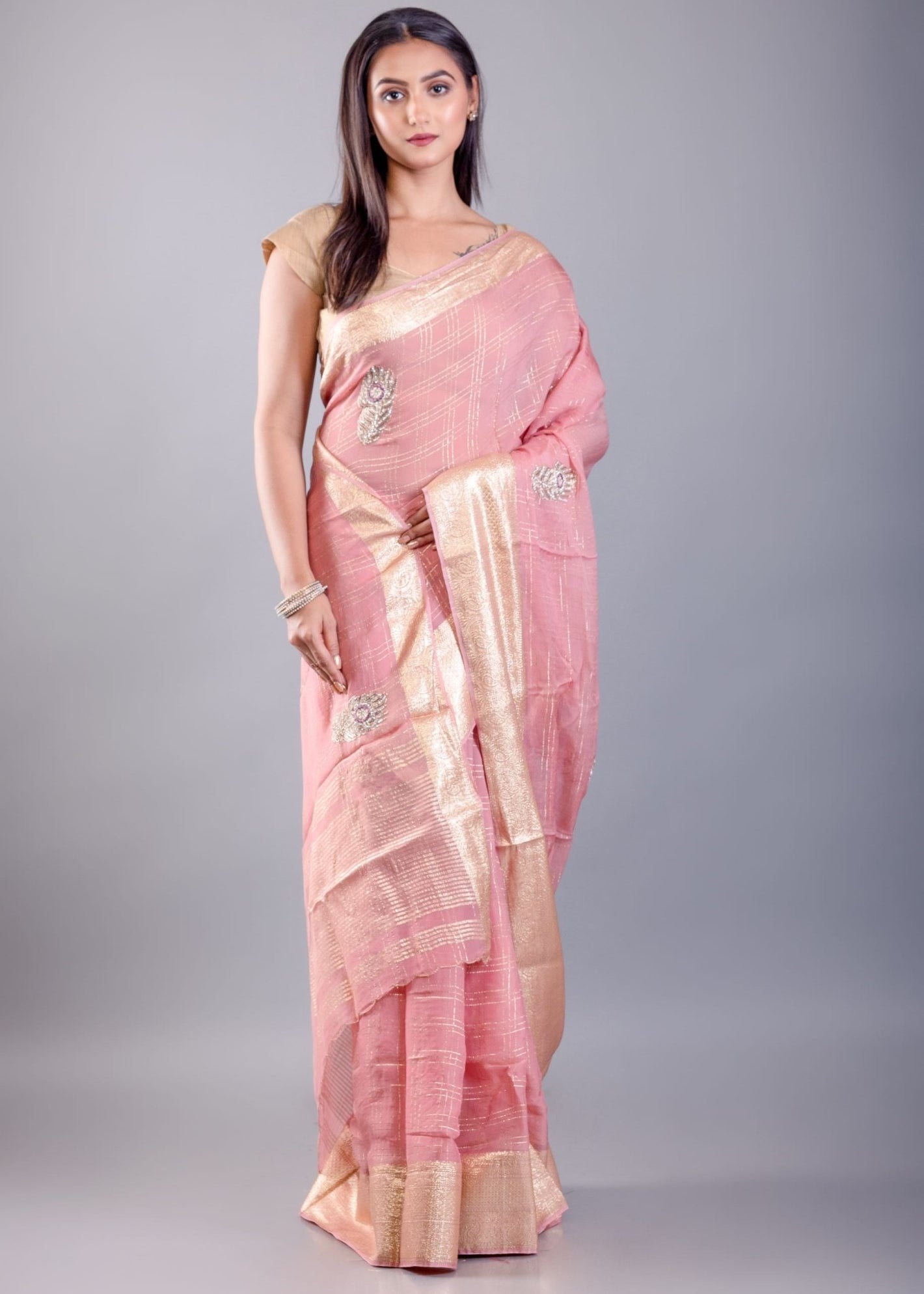 Pink Khaddi Georgette Saree with Floral Embroidered Work - Anvi Couture