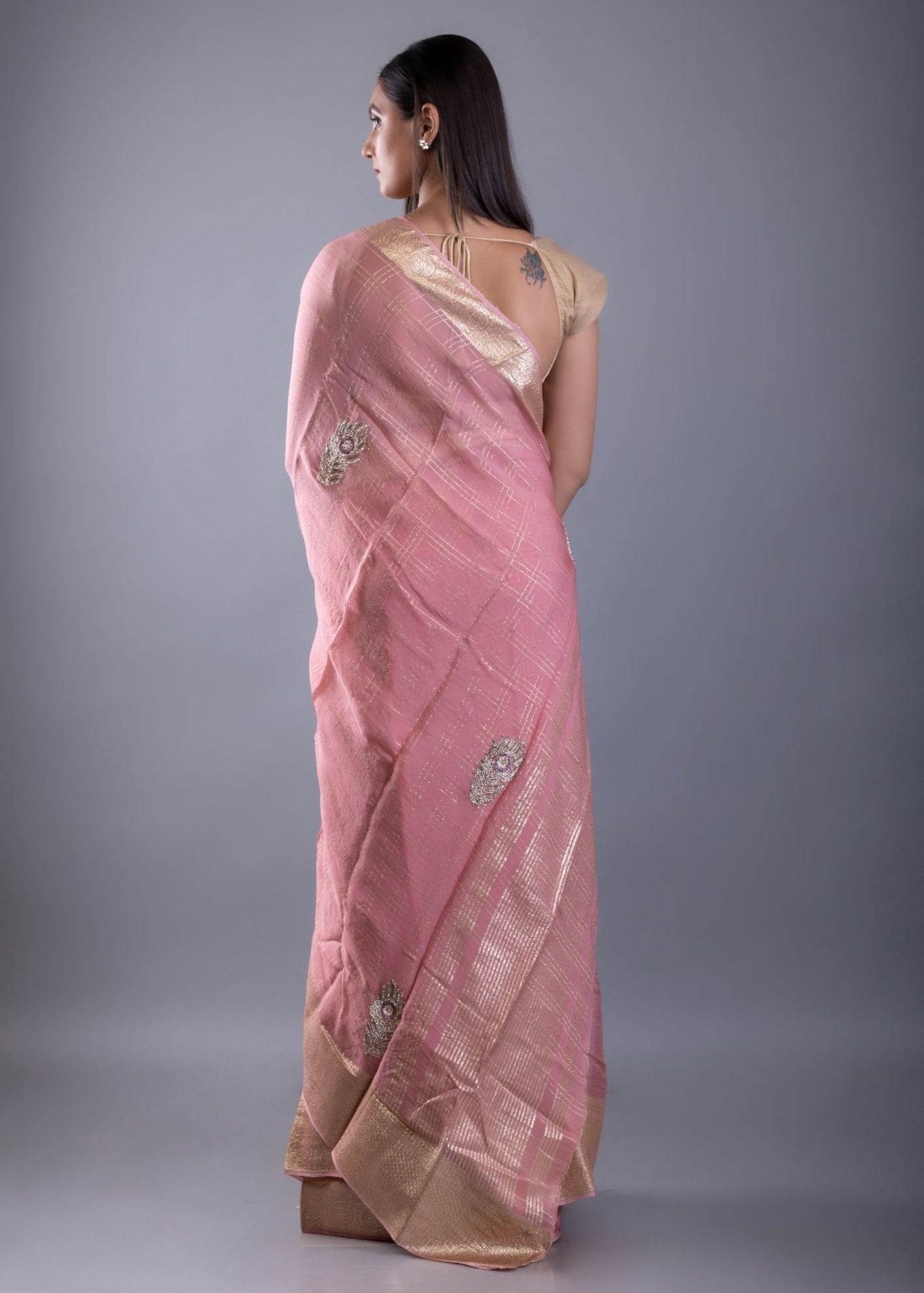 Pink Khaddi Georgette Saree with Floral Embroidered Work - Anvi Couture