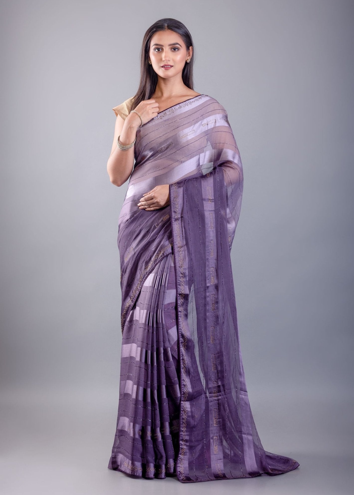 Purple Ombre Georgette Saree with Self Striped - Anvi Couture