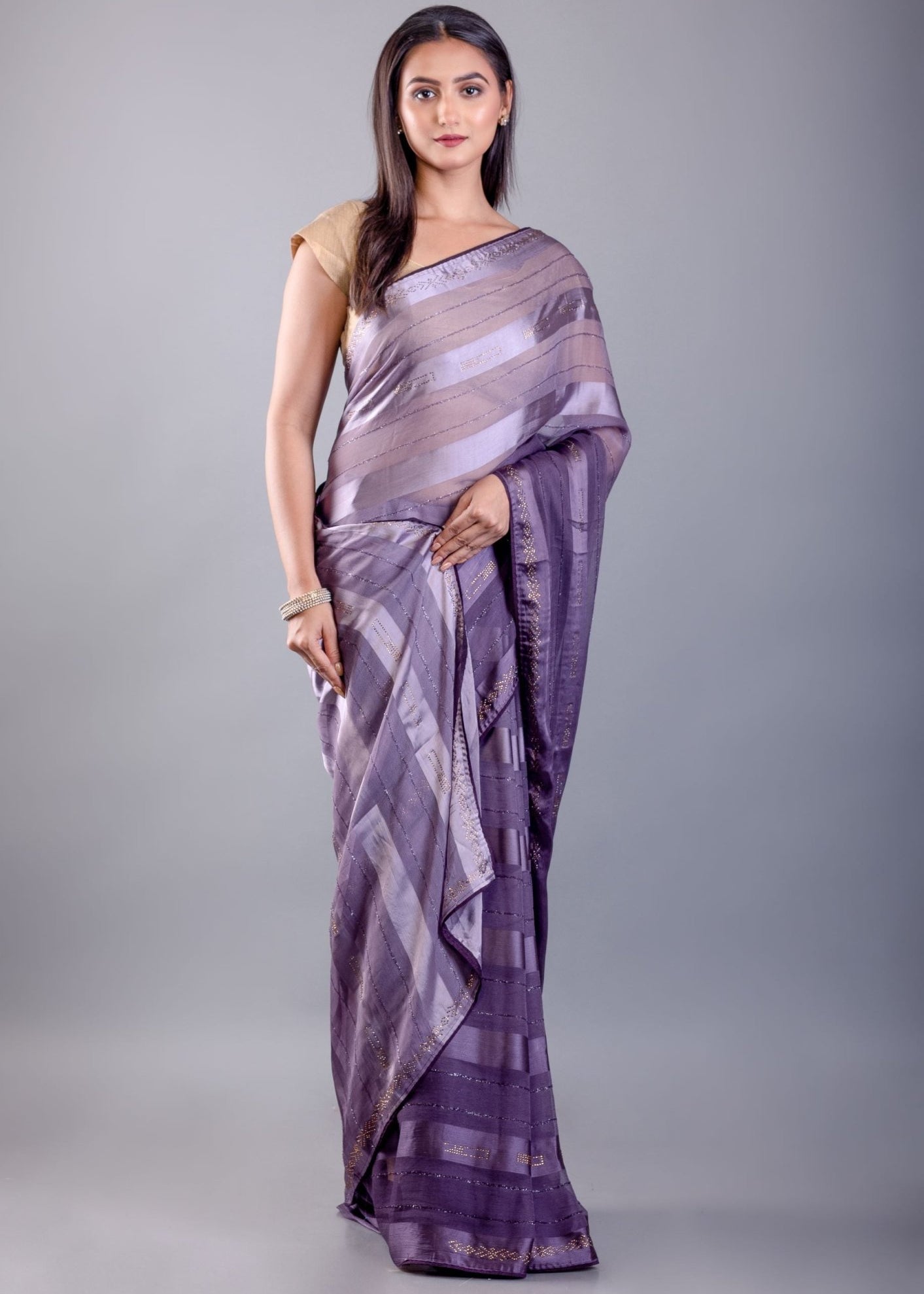 Purple Ombre Georgette Saree with Self Striped - Anvi Couture
