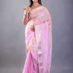 Pink and Peach Ombre Crepe Silk Saree with Floral Embroidered Work - Anvi Couture