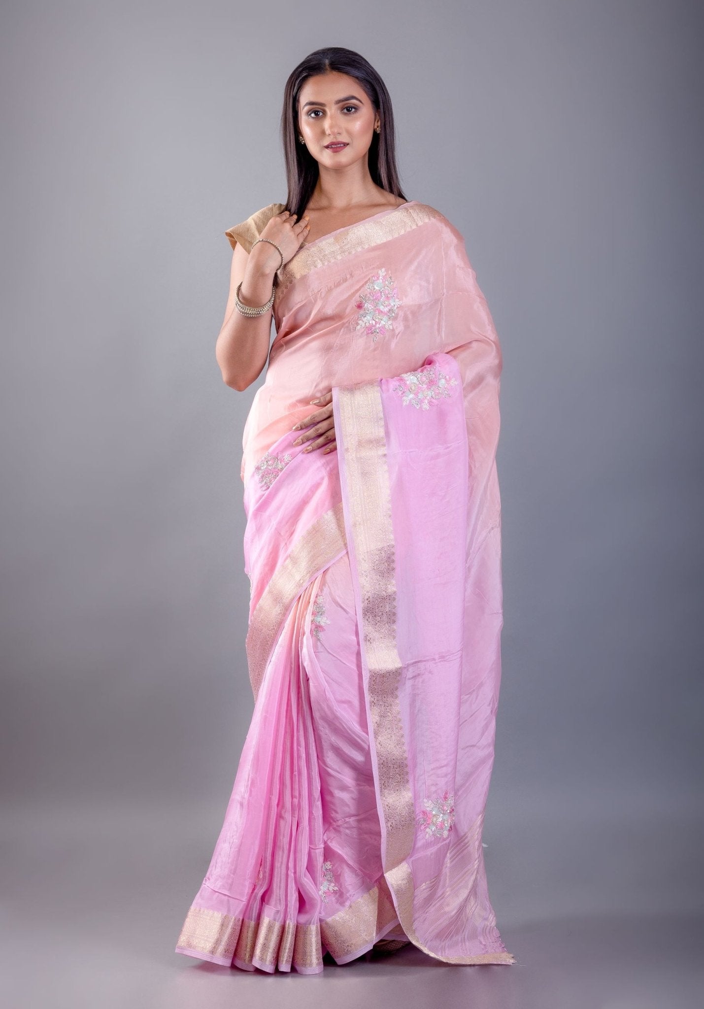 Pink and Peach Ombre Crepe Silk Saree with Floral Embroidered Work - Anvi Couture