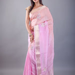 Pink and Peach Ombre Crepe Silk Saree with Floral Embroidered Work - Anvi Couture