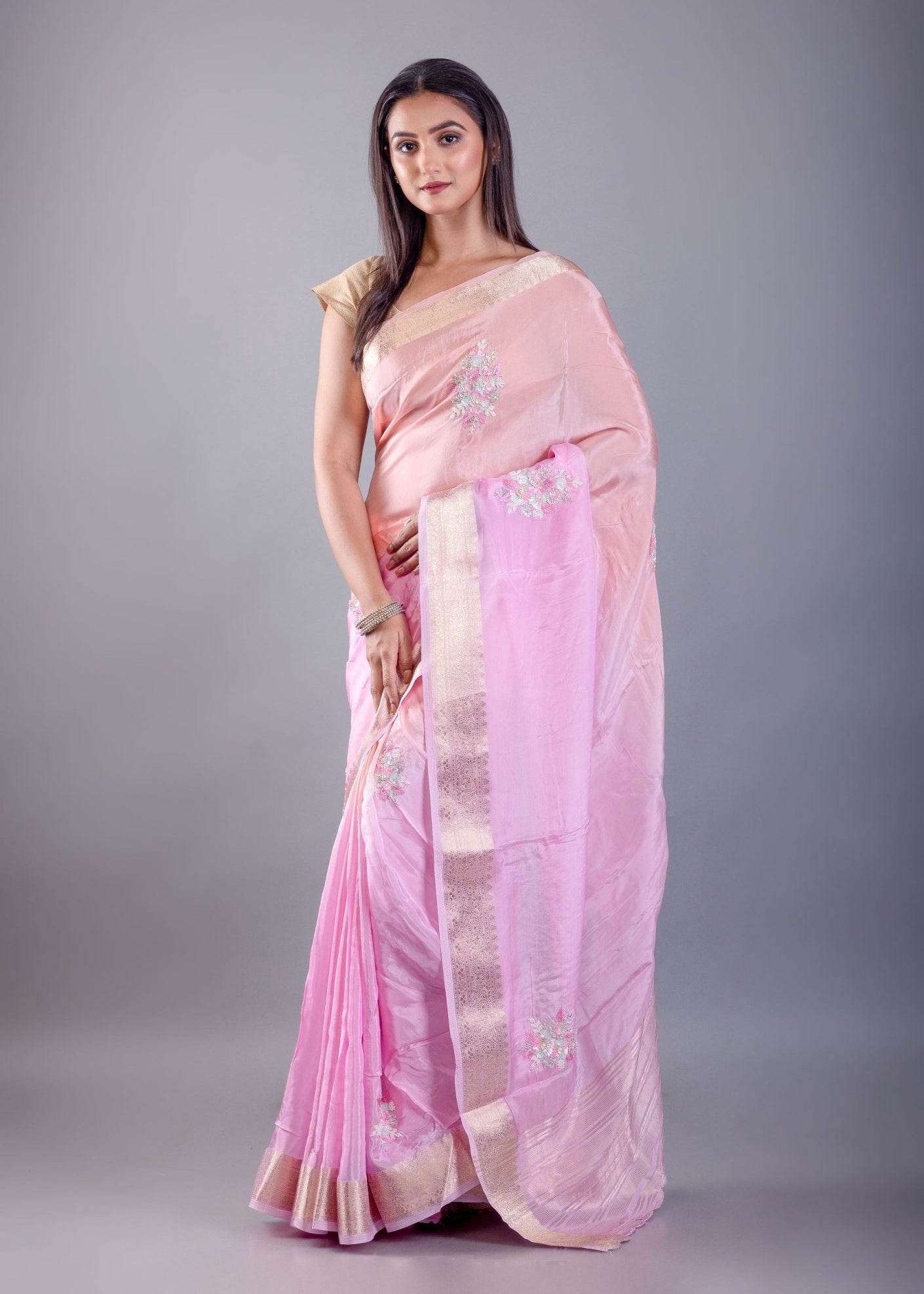 Pink and Peach Ombre Crepe Silk Saree with Floral Embroidered Work - Anvi Couture