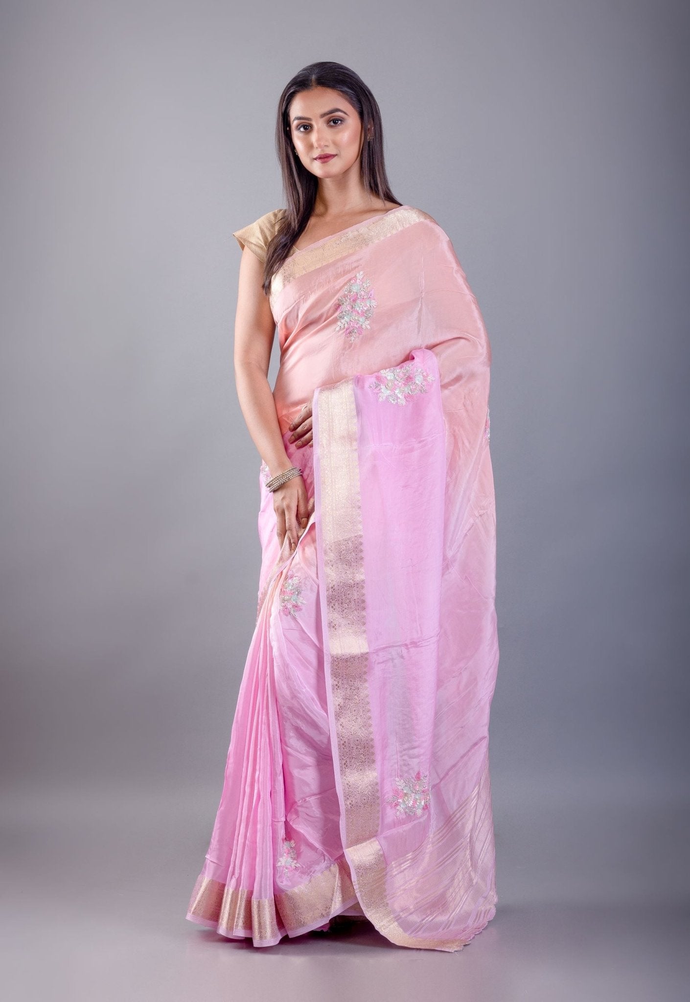 Pink and Peach Ombre Crepe Silk Saree with Floral Embroidered Work - Anvi Couture