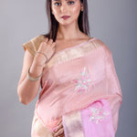 Pink and Peach Ombre Crepe Silk Saree with Floral Embroidered Work - Anvi Couture