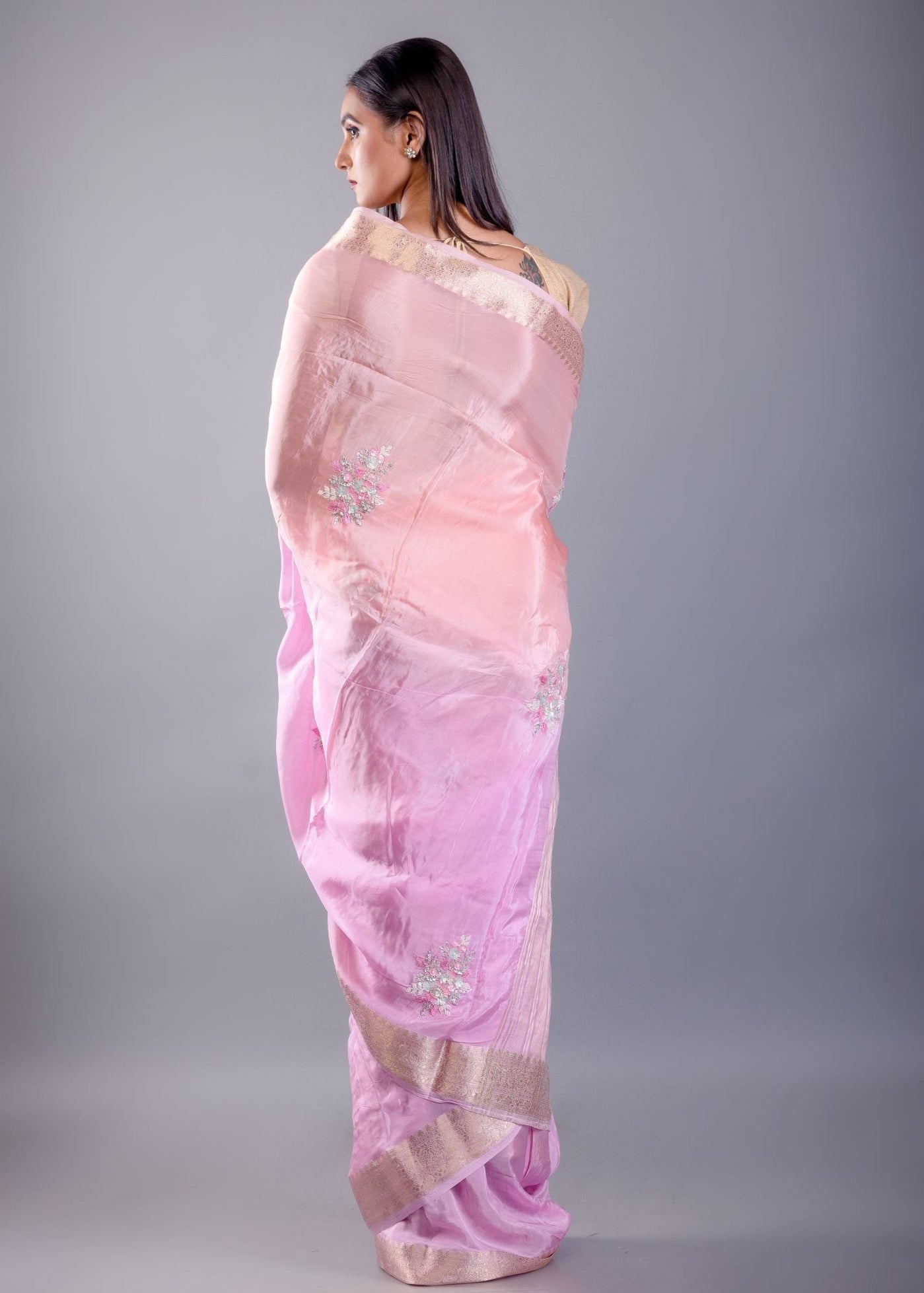 Pink and Peach Ombre Crepe Silk Saree with Floral Embroidered Work - Anvi Couture