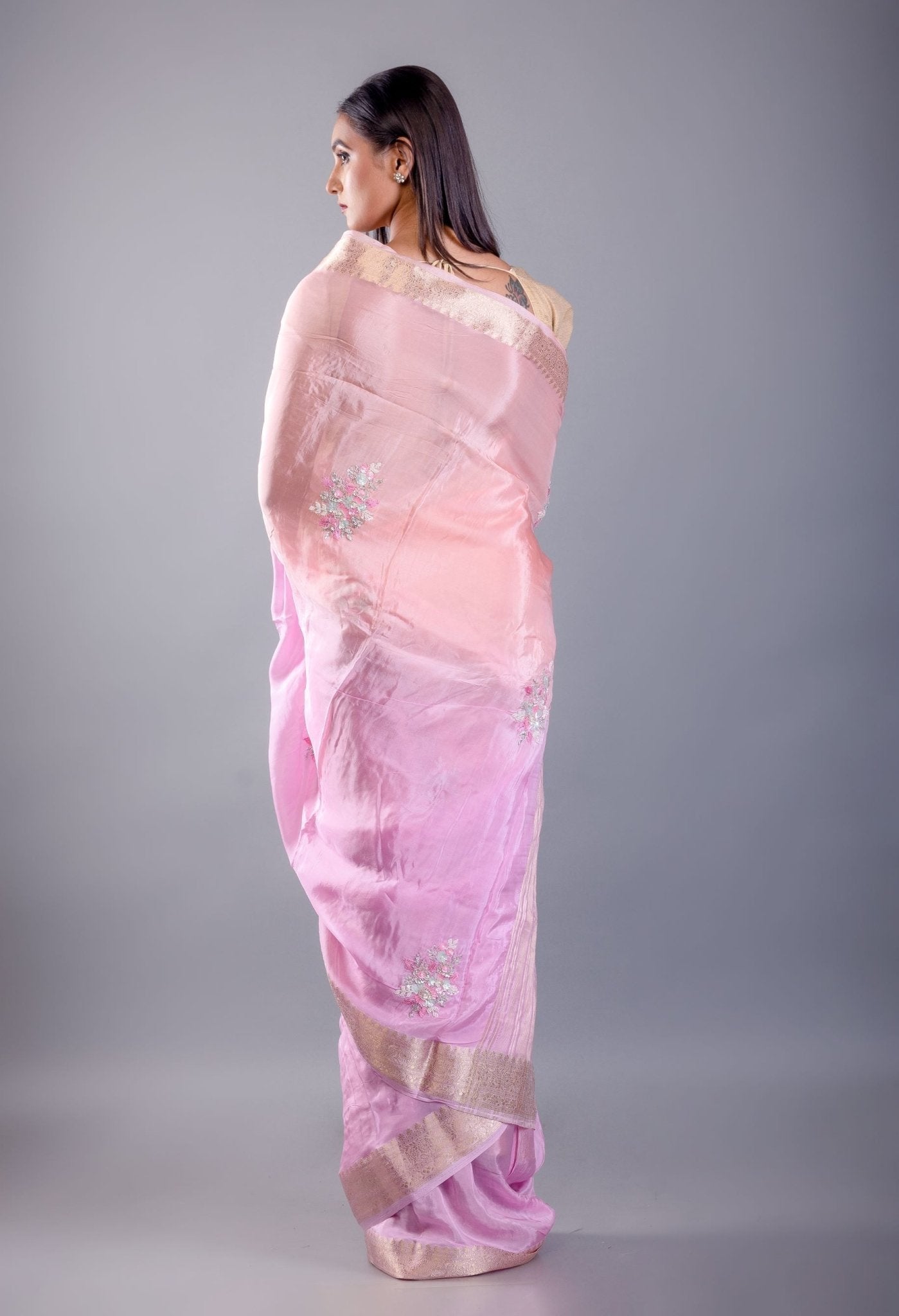 Pink and Peach Ombre Crepe Silk Saree with Floral Embroidered Work - Anvi Couture