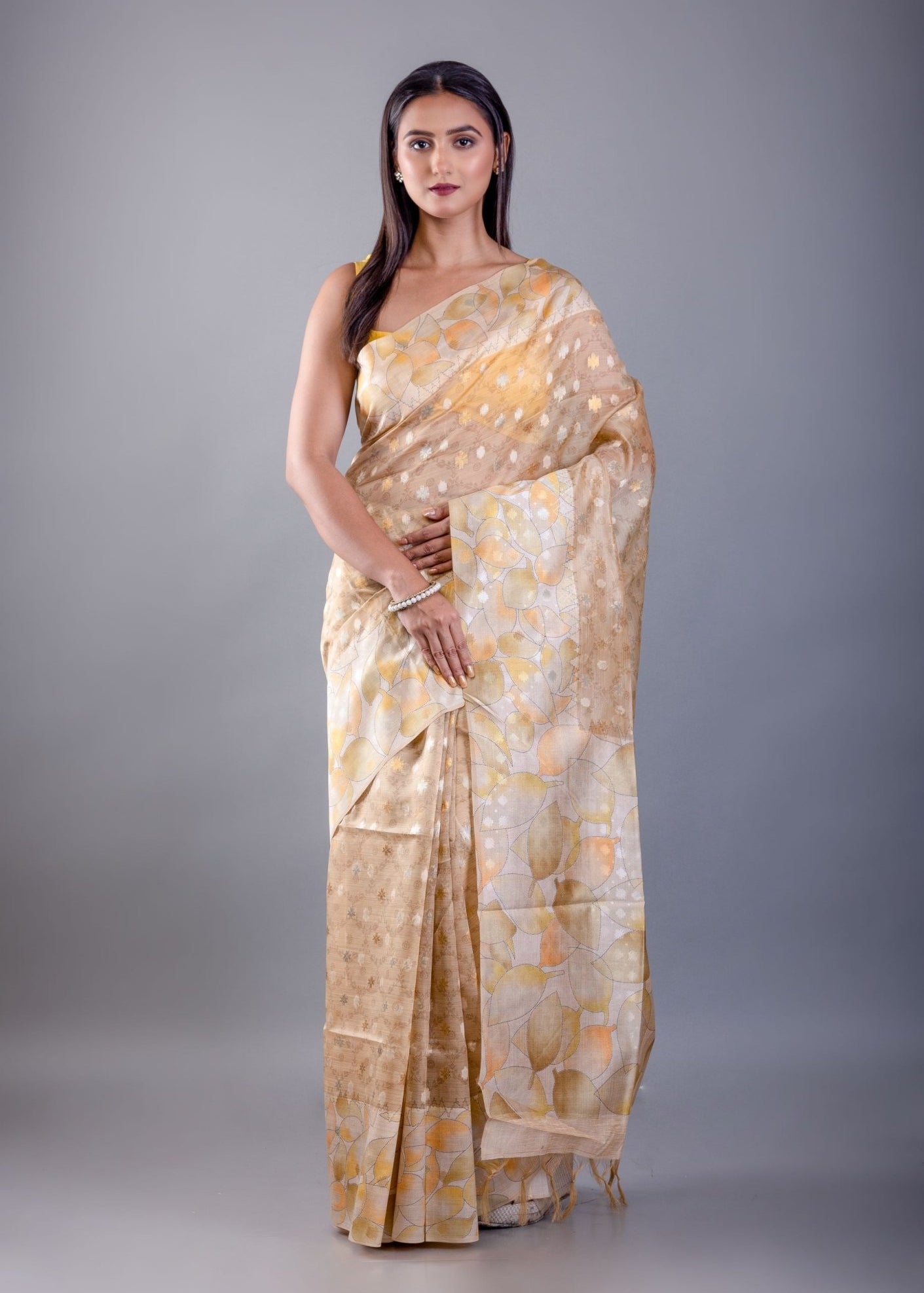 Light Brown Floral Printed Saree with Self Butas - Anvi Couture