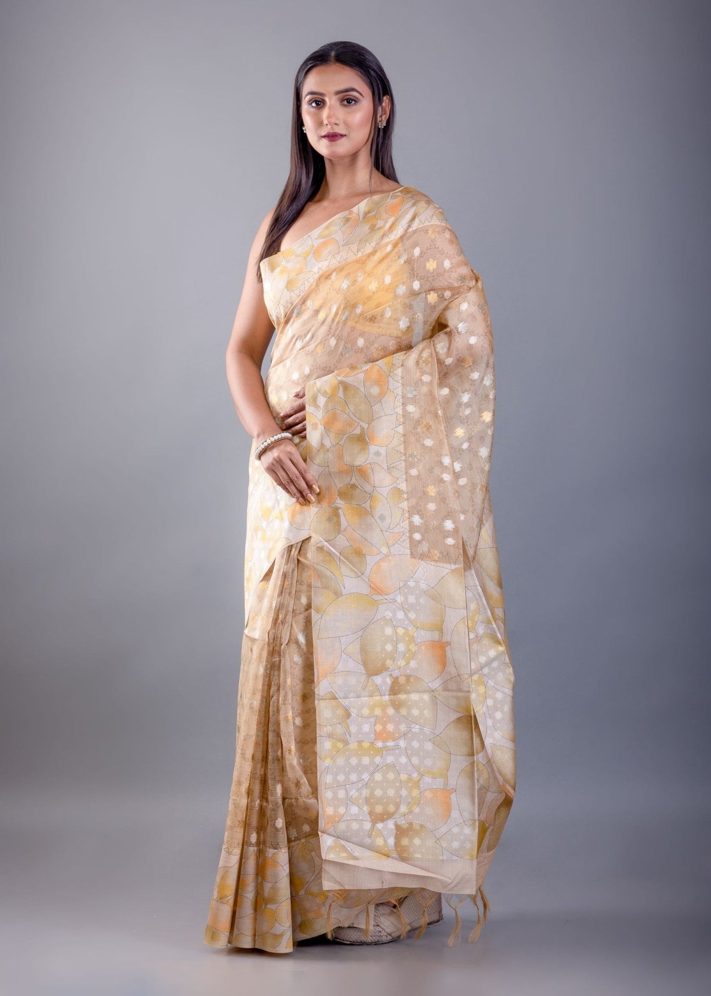 Light Brown Floral Printed Saree with Self Butas - Anvi Couture