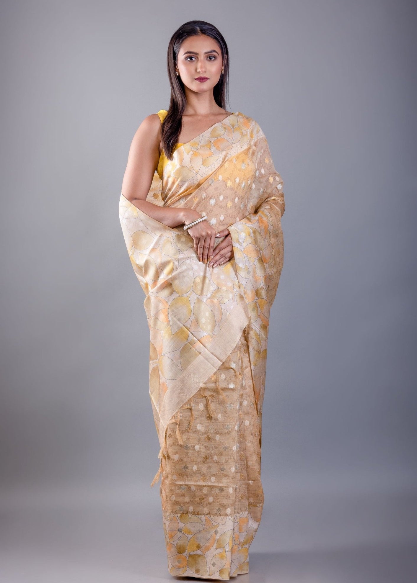 Light Brown Floral Printed Saree with Self Butas - Anvi Couture