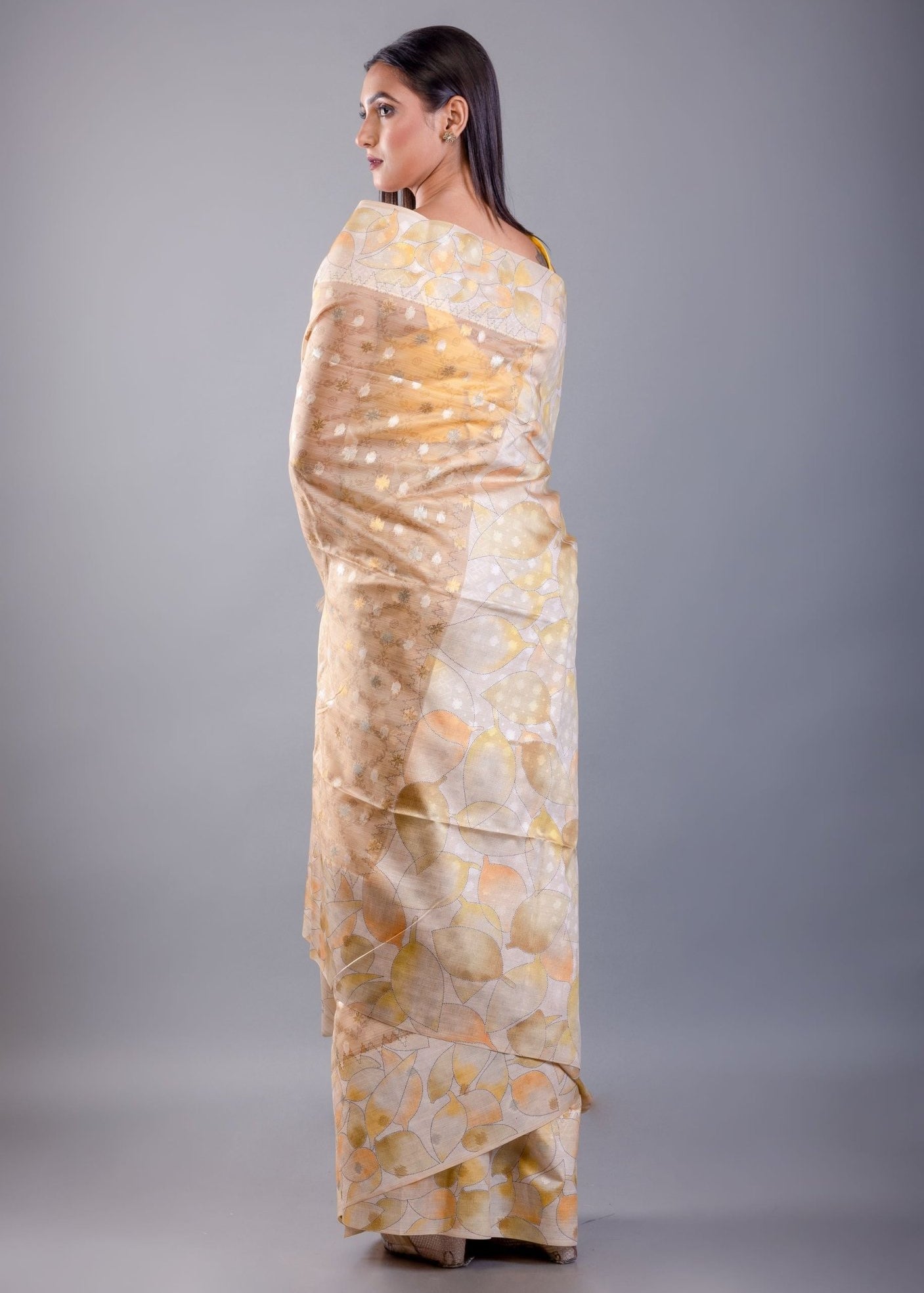 Light Brown Floral Printed Saree with Self Butas - Anvi Couture