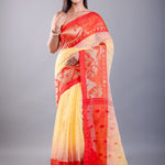 Yellow and Red Ombre Tant Jamdani Saree with Floral Motifs - Anvi Couture