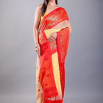 Yellow and Red Ombre Tant Jamdani Saree with Floral Motifs - Anvi Couture