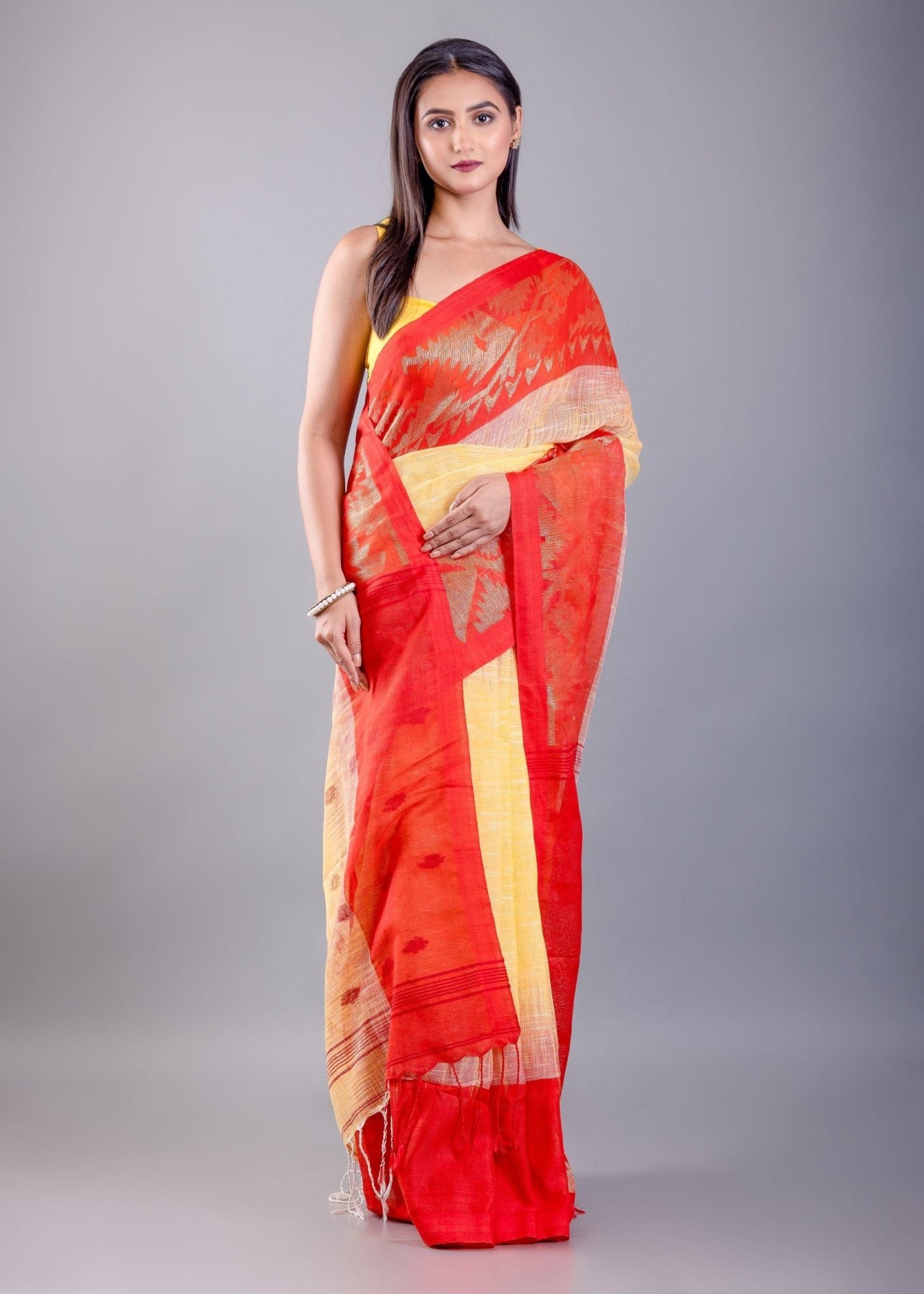 Yellow and Red Ombre Tant Jamdani Saree with Floral Motifs - Anvi Couture