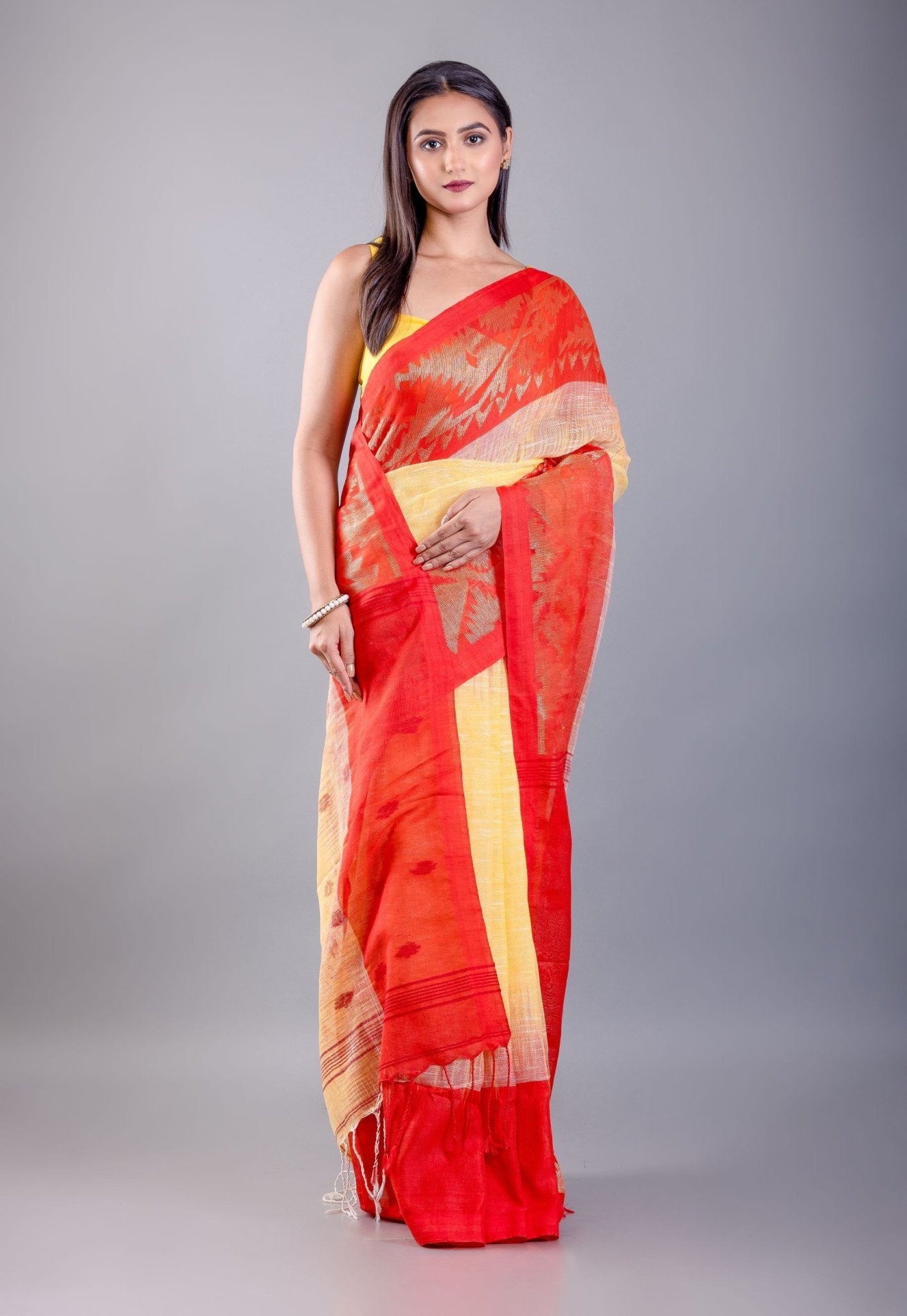 Yellow and Red Ombre Tant Jamdani Saree with Floral Motifs - Anvi Couture