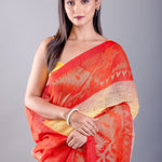 Yellow and Red Ombre Tant Jamdani Saree with Floral Motifs - Anvi Couture