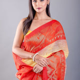 Yellow and Red Ombre Tant Jamdani Saree with Floral Motifs - Anvi Couture