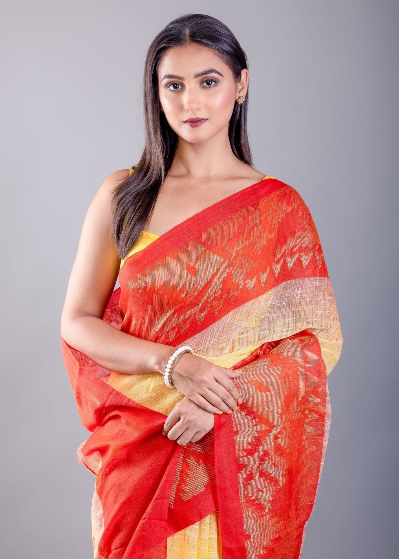 Yellow and Red Ombre Tant Jamdani Saree with Floral Motifs - Anvi Couture