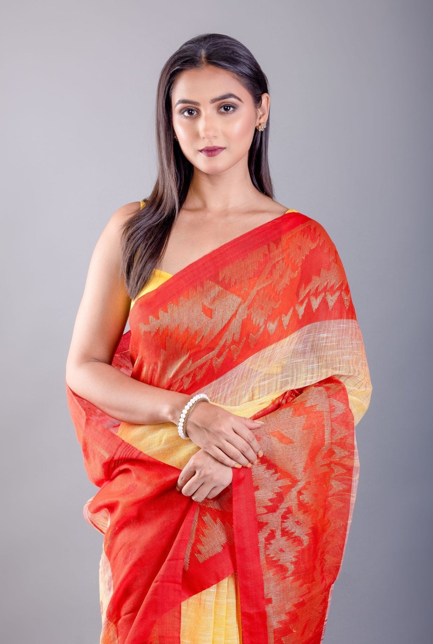 Yellow and Red Ombre Tant Jamdani Saree with Floral Motifs - Anvi Couture