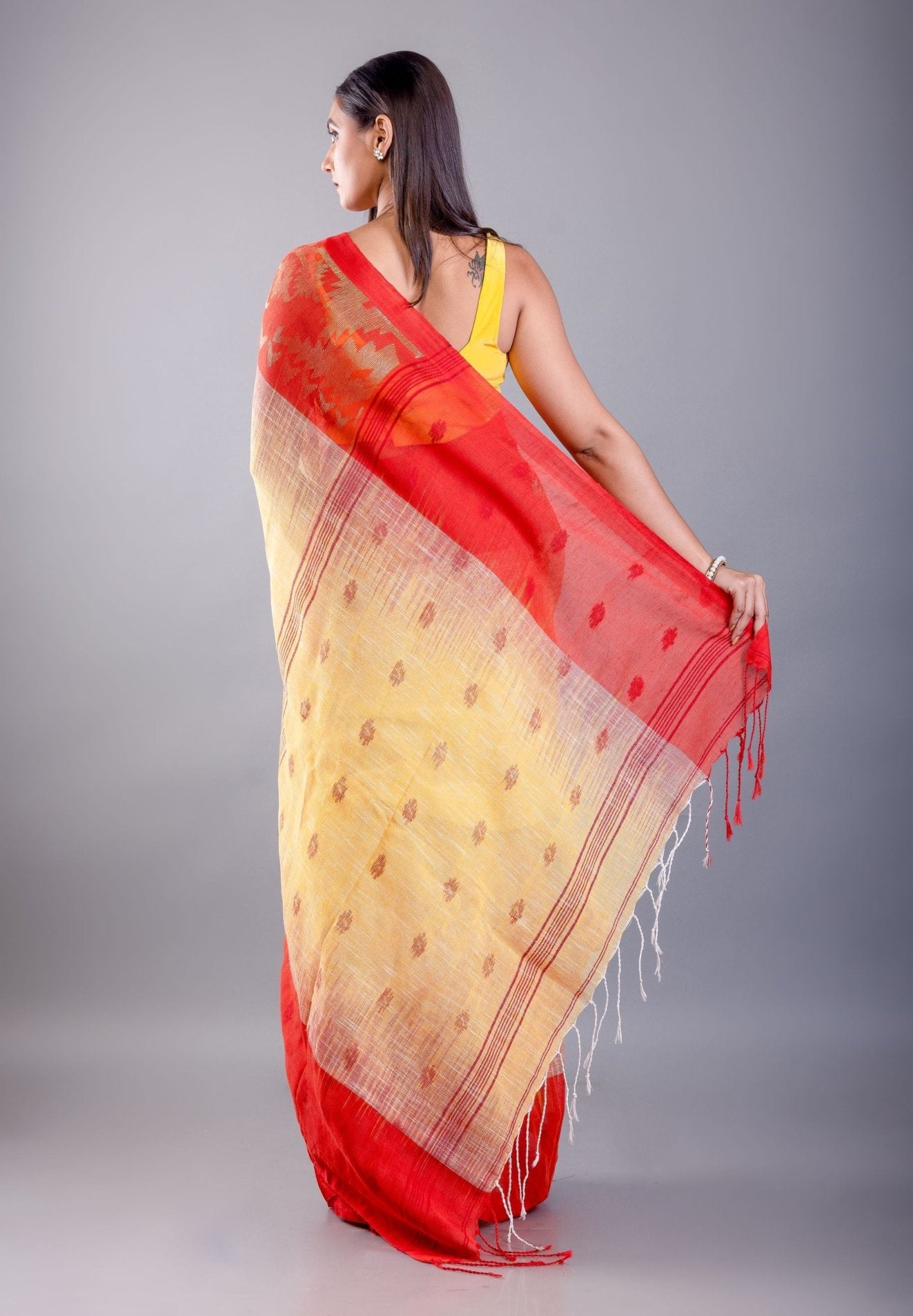 Yellow and Red Ombre Tant Jamdani Saree with Floral Motifs - Anvi Couture