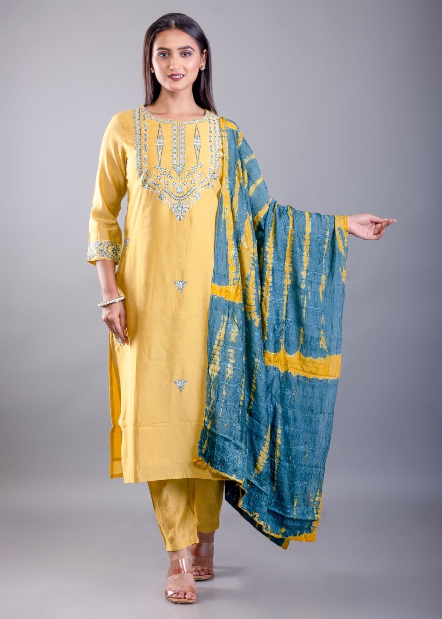 Yellow Silk Kurti Set with Zari and Thread Work - Anvi Couture