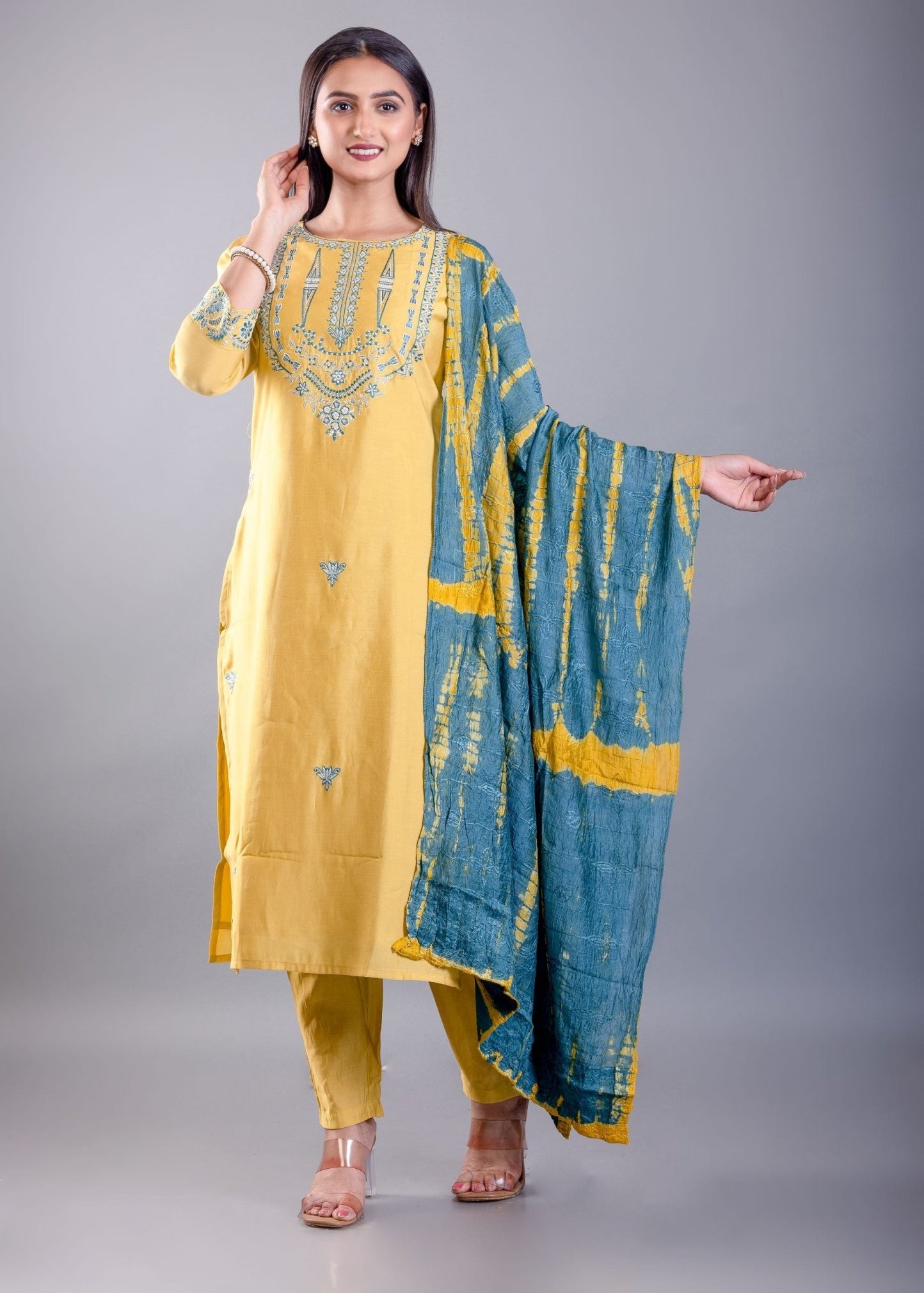 Yellow Silk Kurti Set with Zari and Thread Work - Anvi Couture