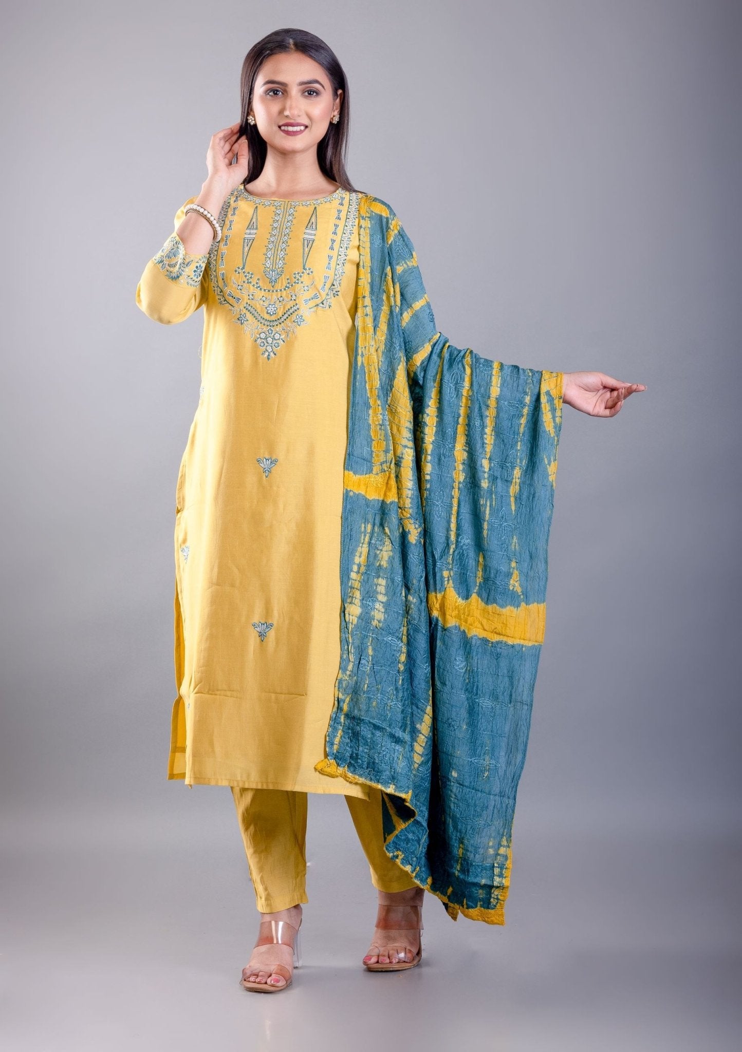 Yellow Silk Kurti Set with Zari and Thread Work - Anvi Couture