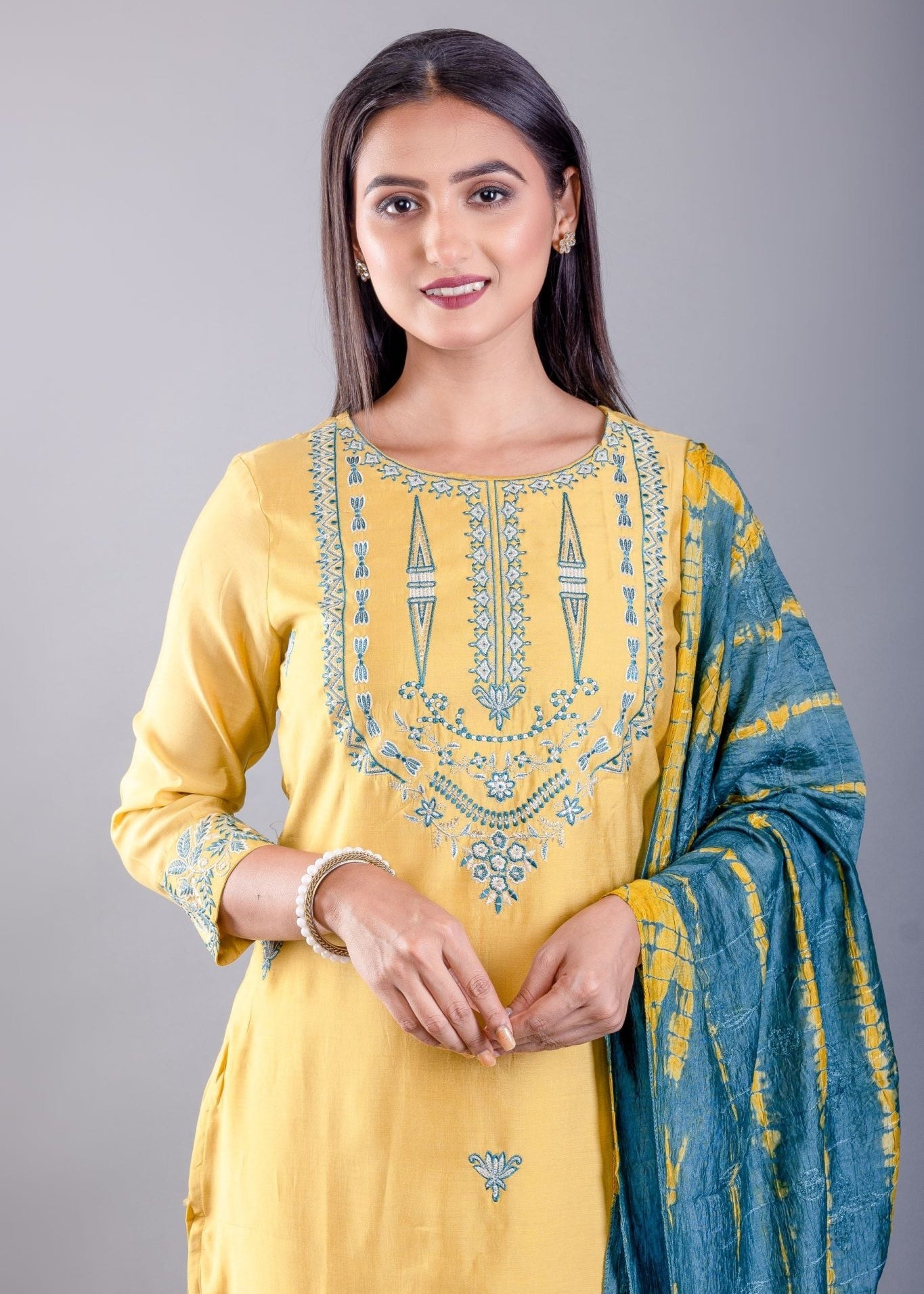 Yellow Silk Kurti Set with Zari and Thread Work - Anvi Couture