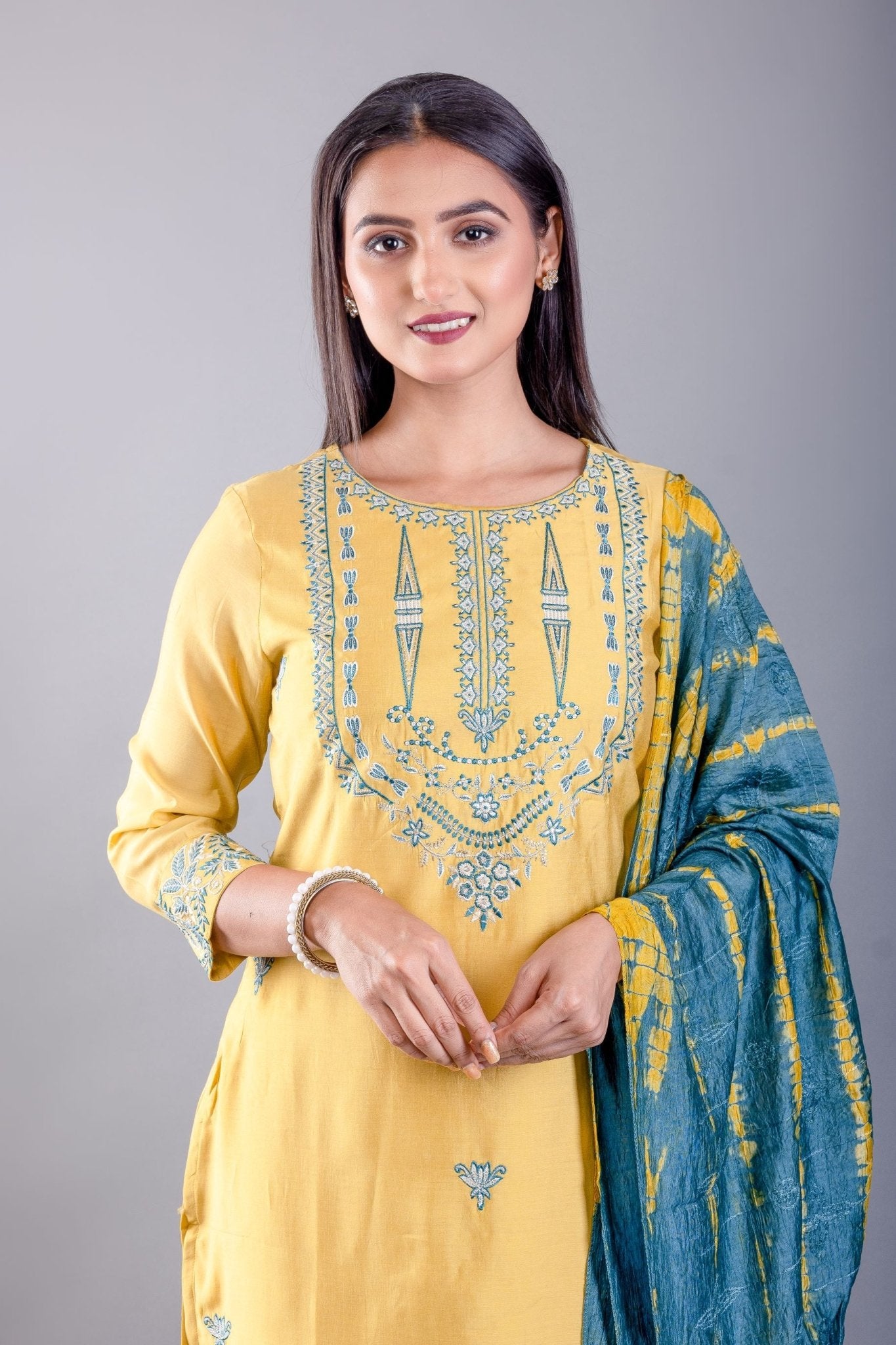 Yellow Silk Kurti Set with Zari and Thread Work - Anvi Couture