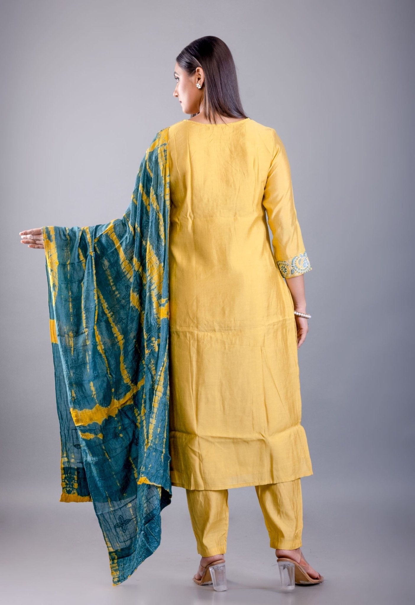 Yellow Silk Kurti Set with Zari and Thread Work - Anvi Couture