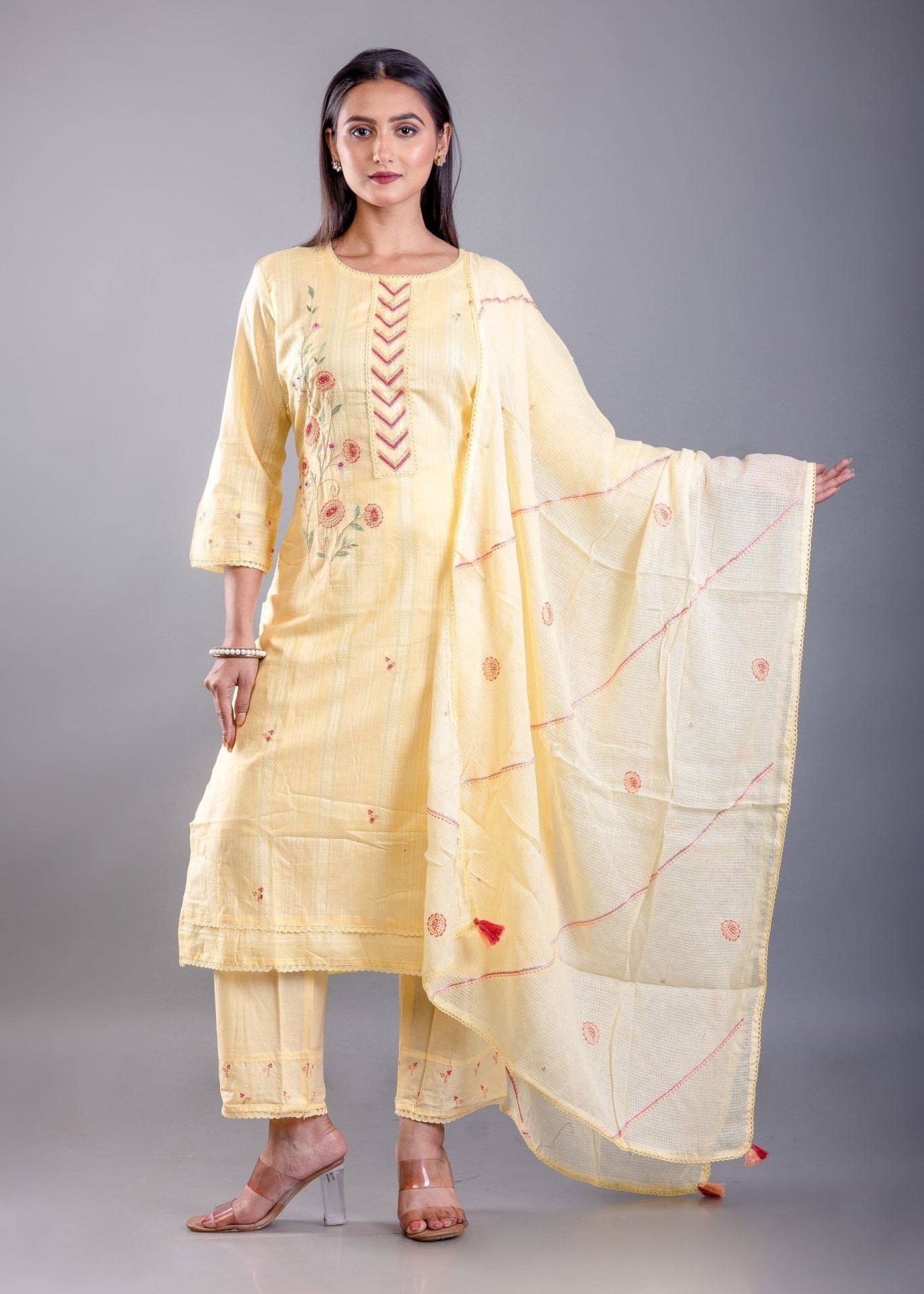 Light Yellow Kurti Set With Embroidered Work - Anvi Couture