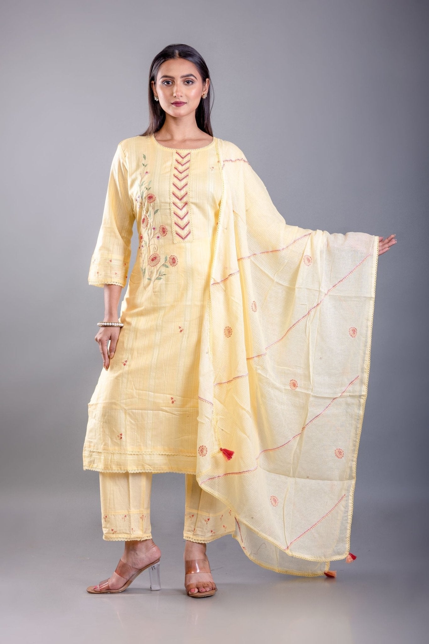 Light Yellow Kurti Set With Embroidered Work - Anvi Couture