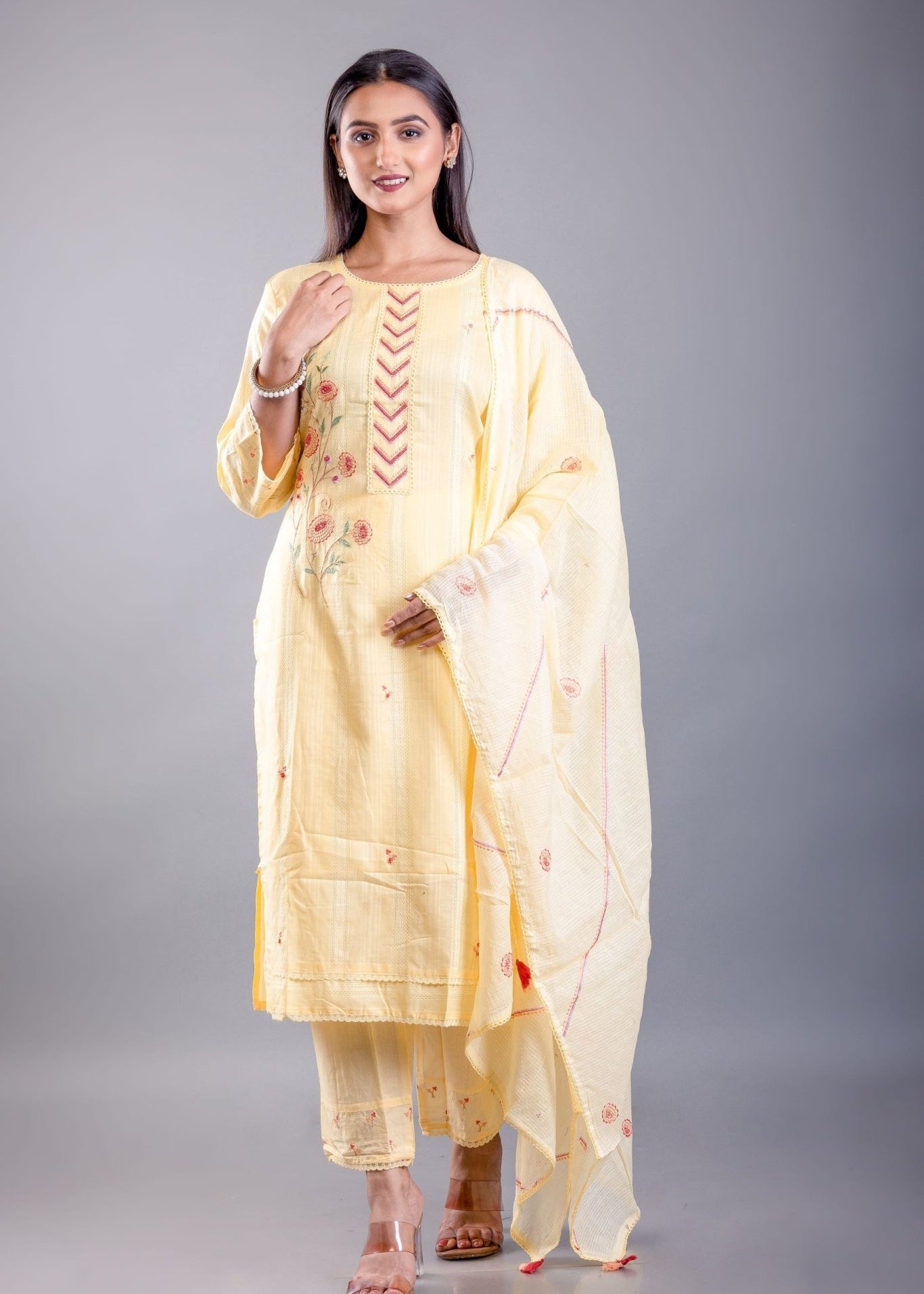 Light Yellow Kurti Set With Embroidered Work - Anvi Couture