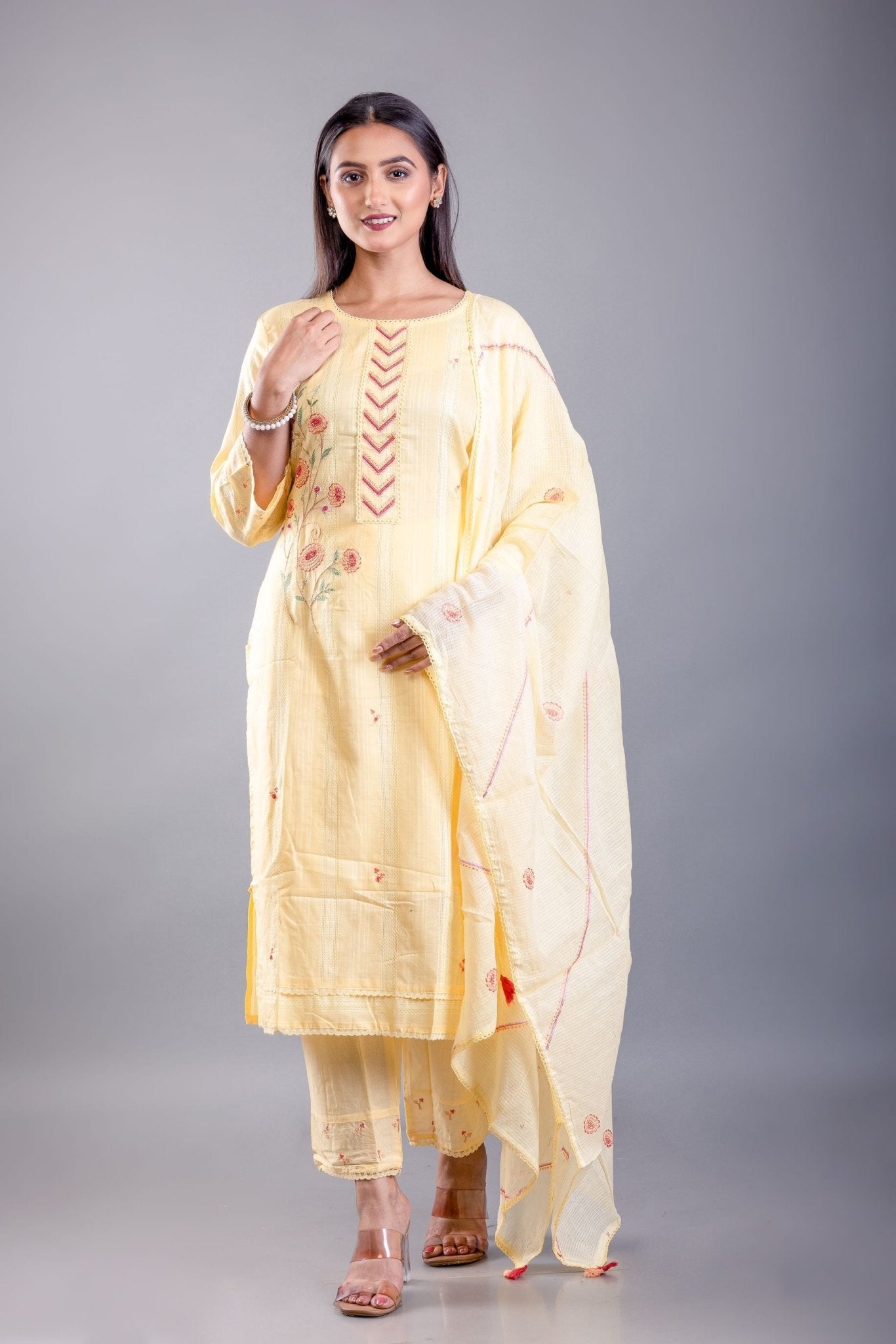 Light Yellow Kurti Set With Embroidered Work - Anvi Couture
