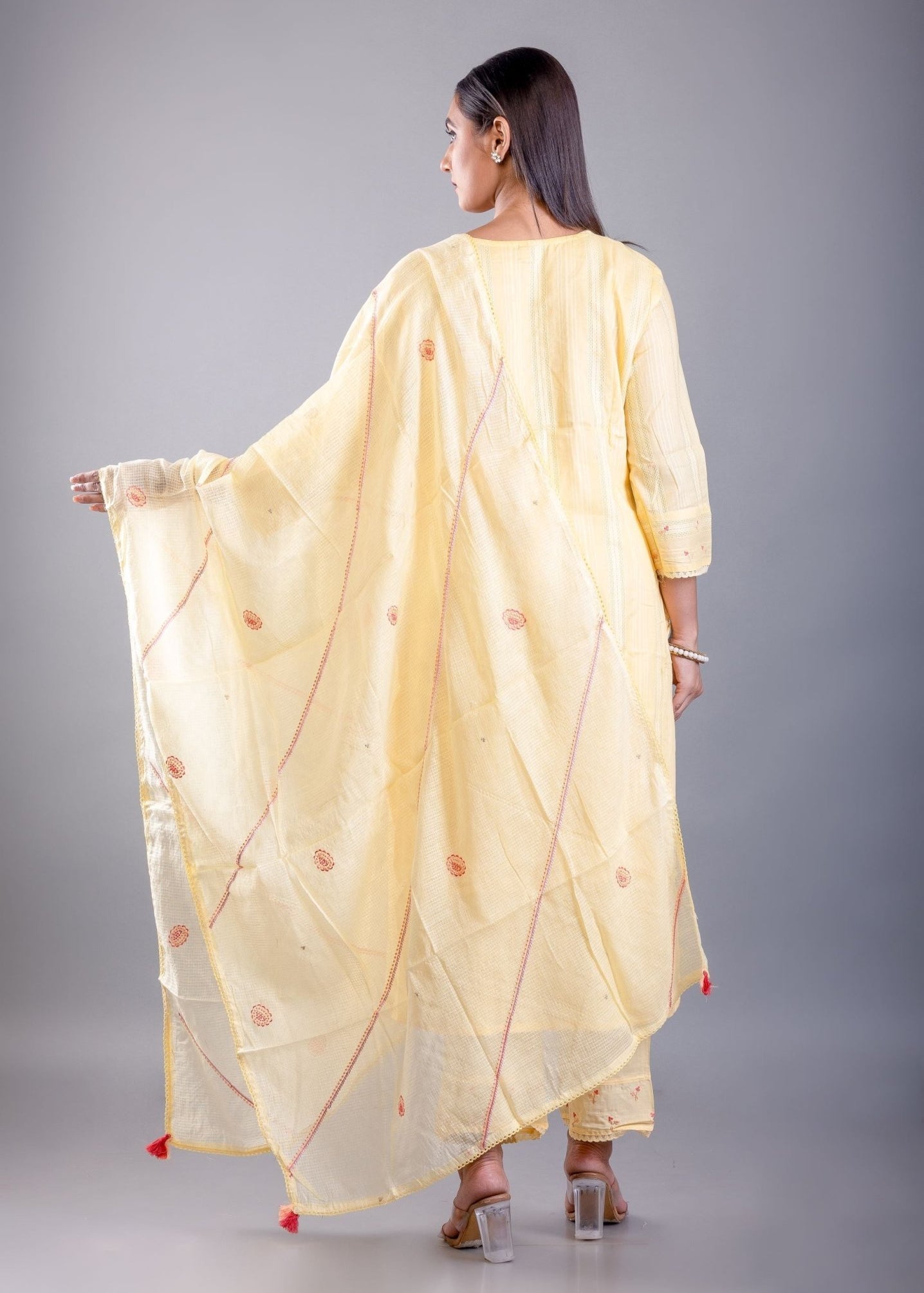 Light Yellow Kurti Set With Embroidered Work - Anvi Couture