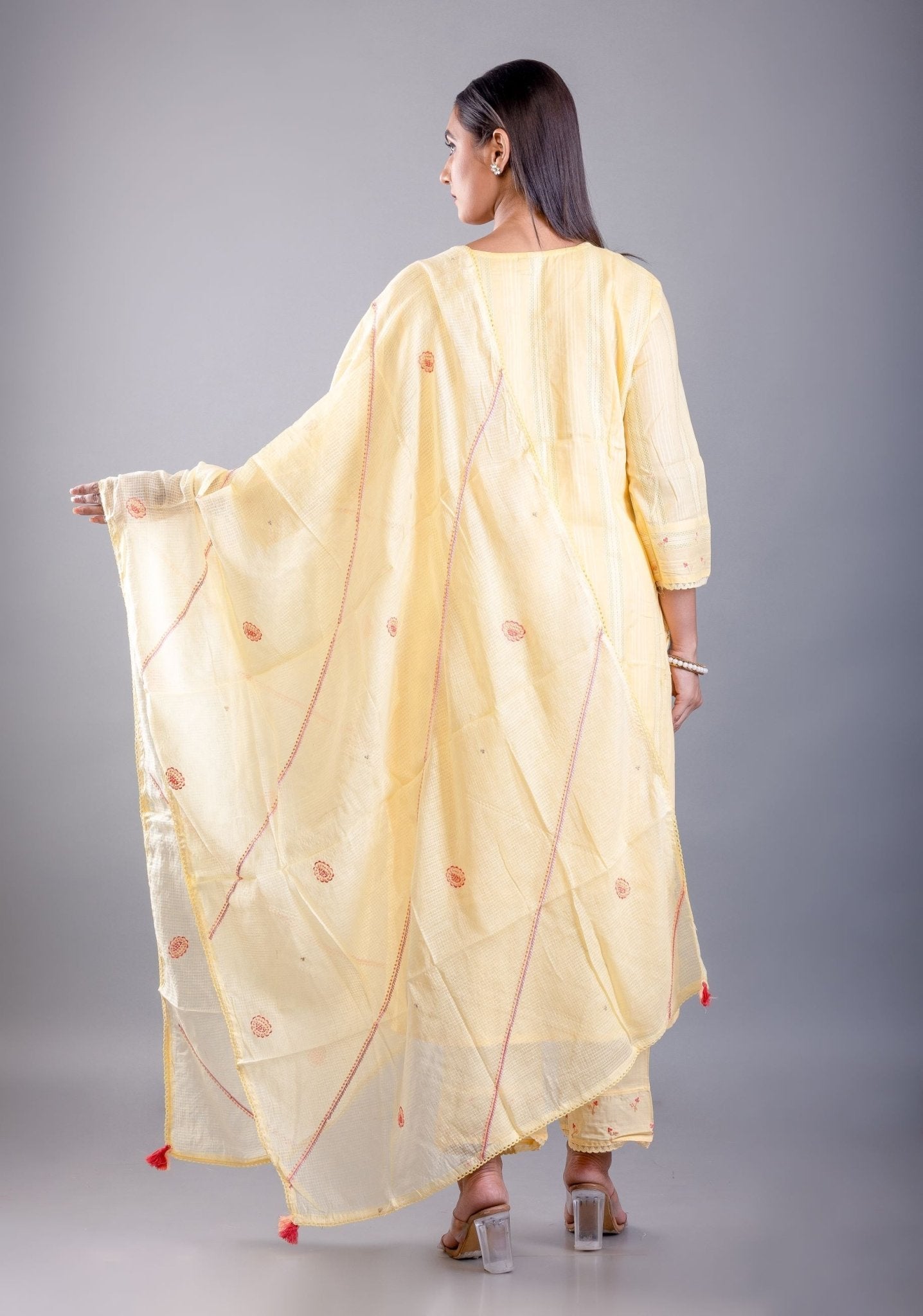 Light Yellow Kurti Set With Embroidered Work - Anvi Couture