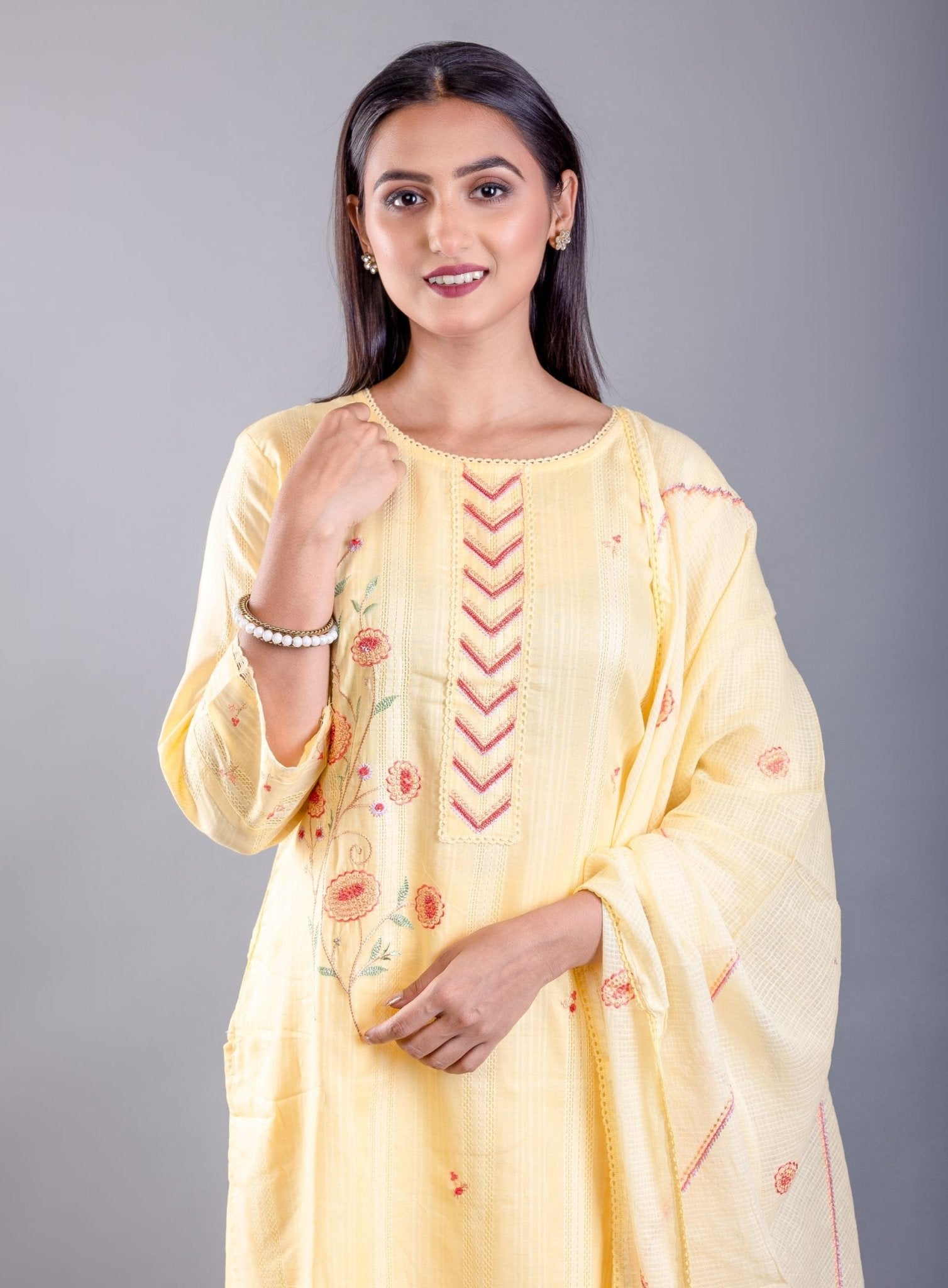 Light Yellow Kurti Set With Embroidered Work - Anvi Couture