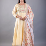 Light Yellow Embroidered Anarkali Set With Floral Dupatta - Anvi Couture