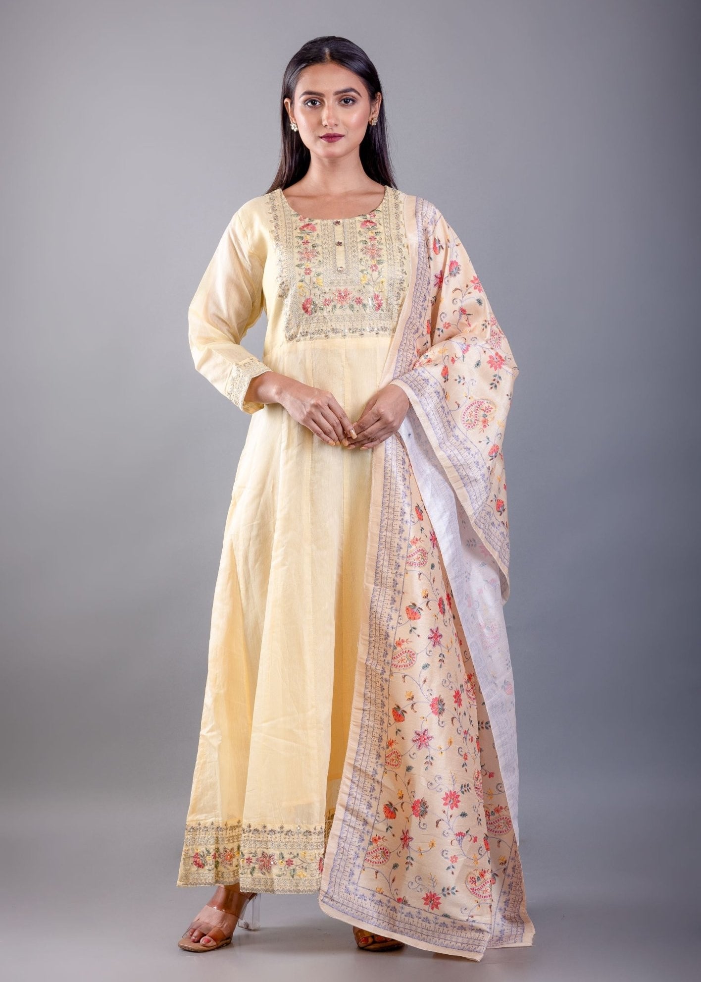 Light Yellow Embroidered Anarkali Set With Floral Dupatta - Anvi Couture