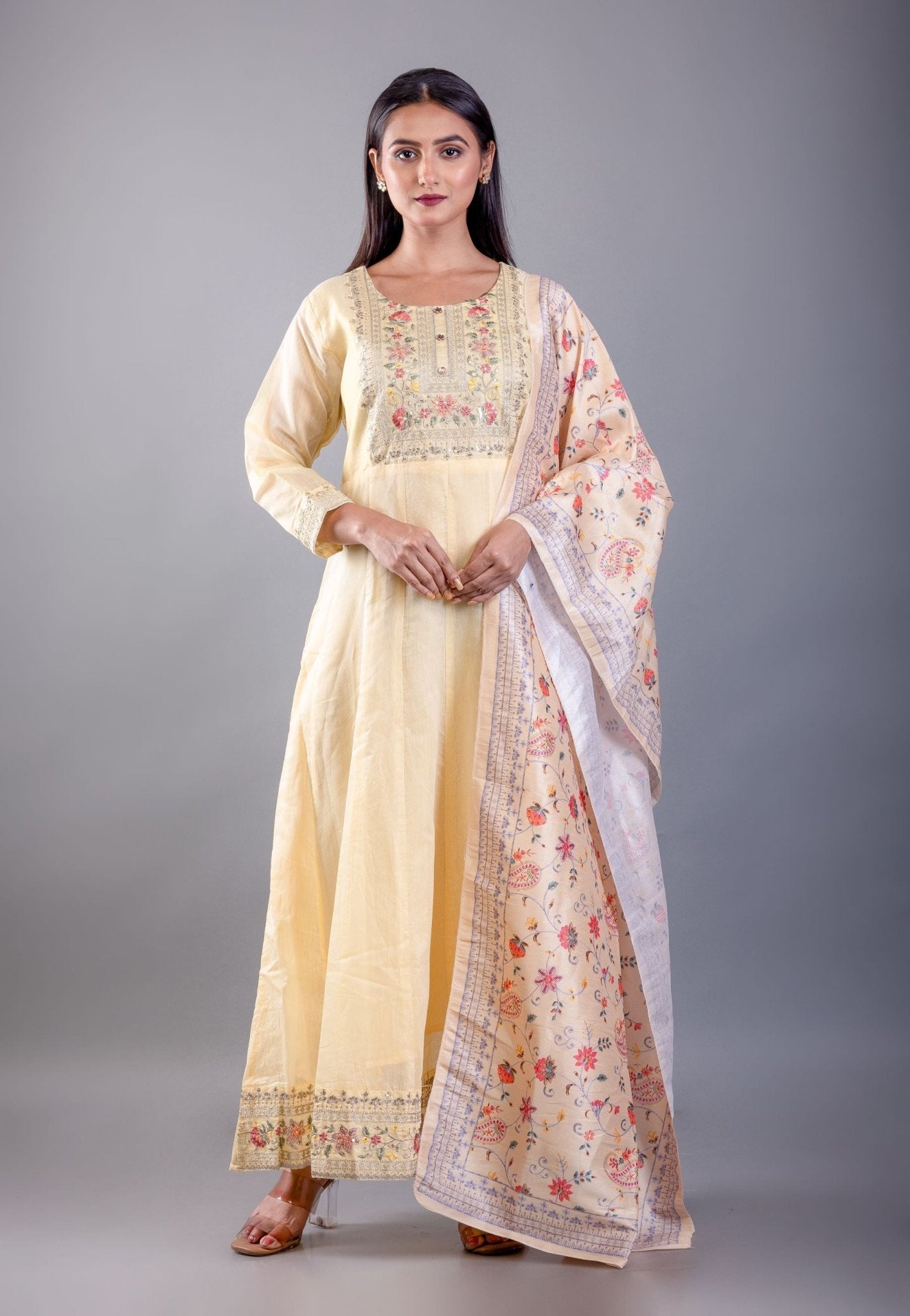 Light Yellow Embroidered Anarkali Set With Floral Dupatta - Anvi Couture