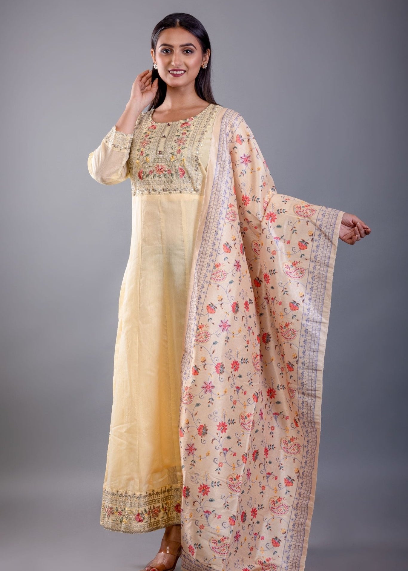 Light Yellow Embroidered Anarkali Set With Floral Dupatta - Anvi Couture