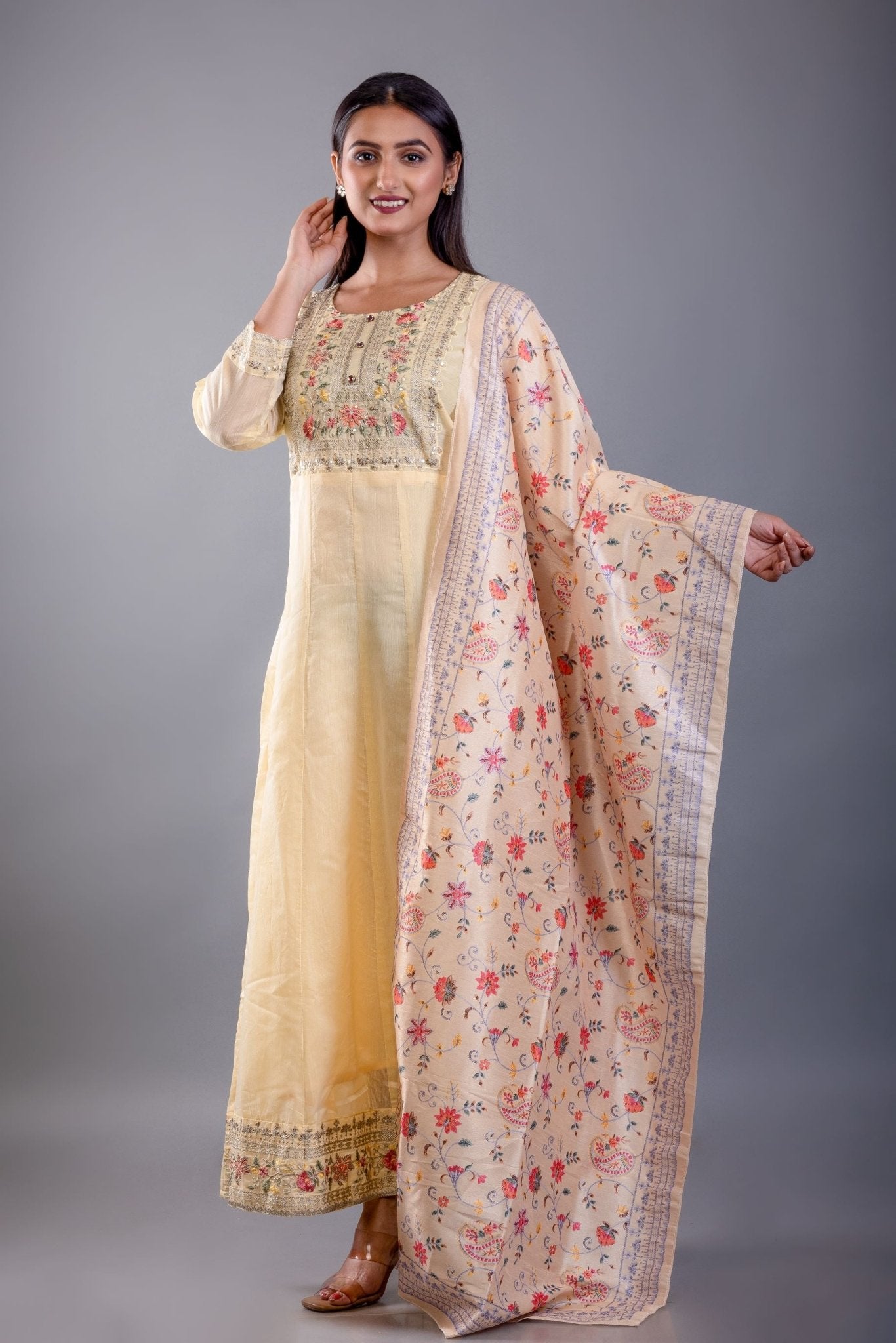 Light Yellow Embroidered Anarkali Set With Floral Dupatta - Anvi Couture
