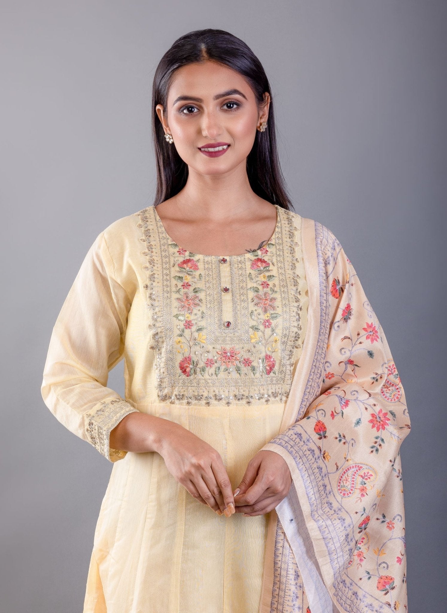 Light Yellow Embroidered Anarkali Set With Floral Dupatta - Anvi Couture