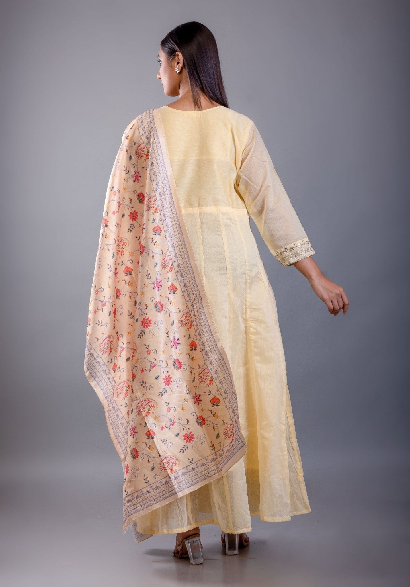 Light Yellow Embroidered Anarkali Set With Floral Dupatta - Anvi Couture