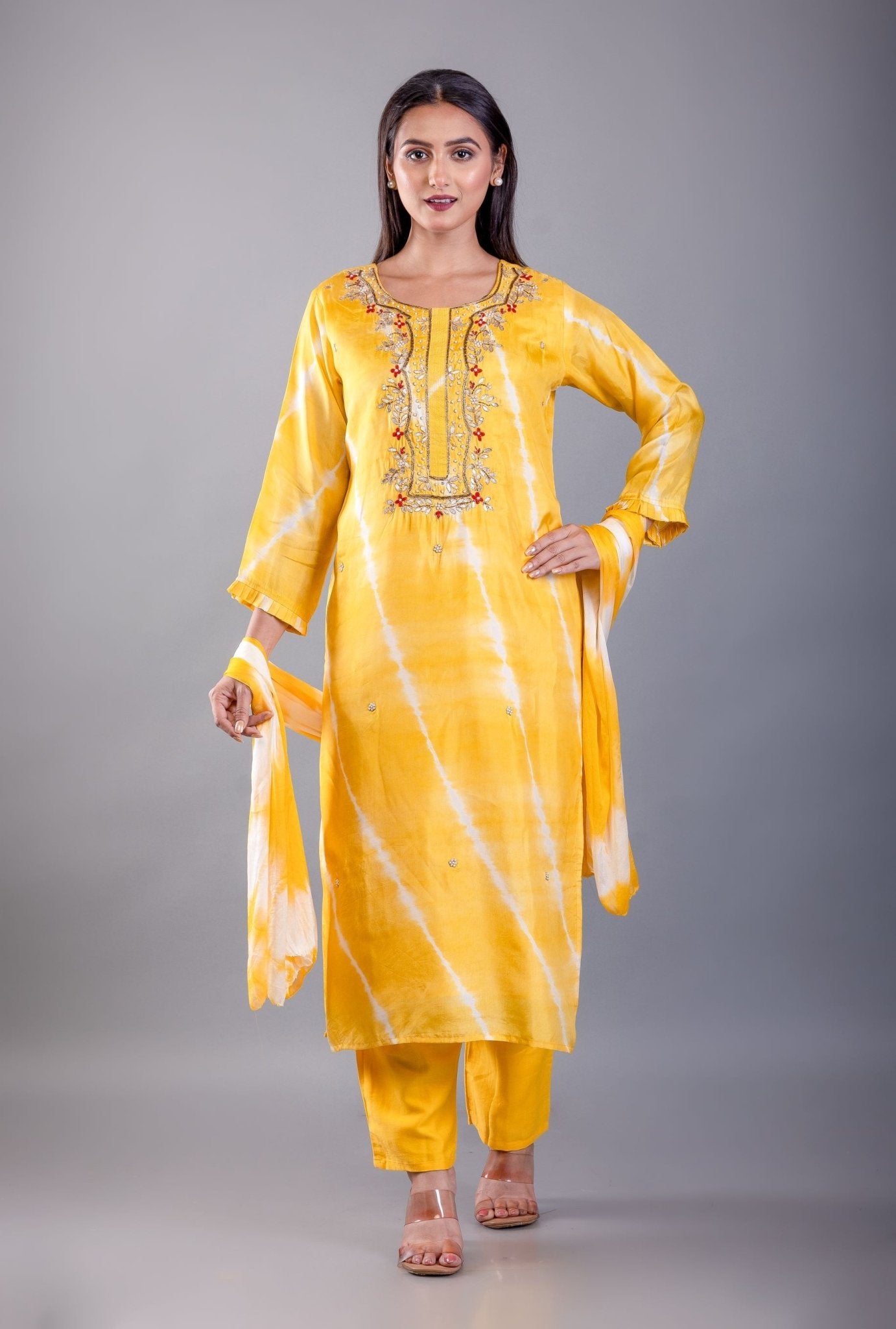 Yellow Shibori Dyed Kurti Set With Gota and Embroidered Hand Work - Anvi Couture